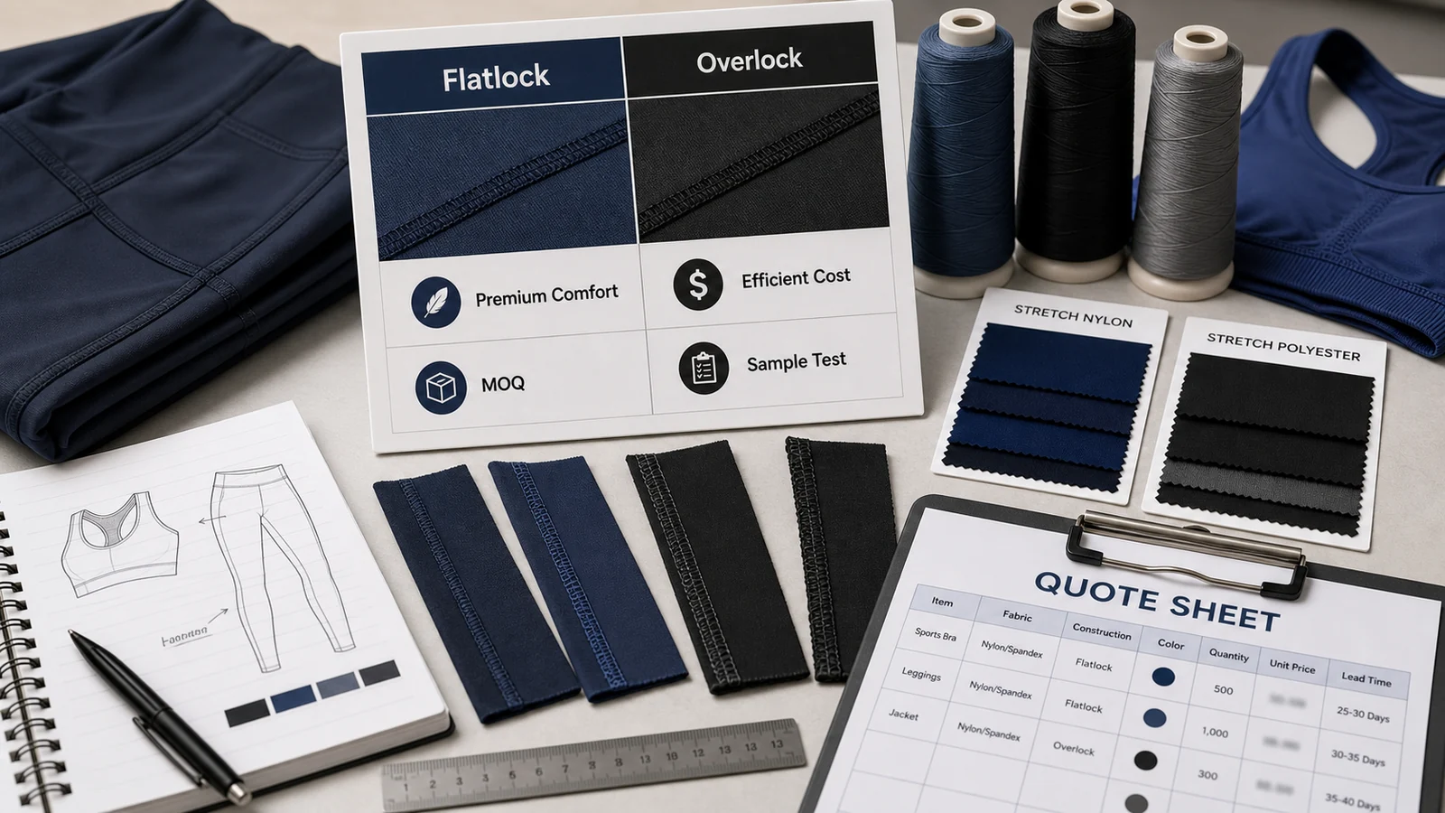 Activewear seam cost and MOQ decision board comparing flatlock and overlock stitching