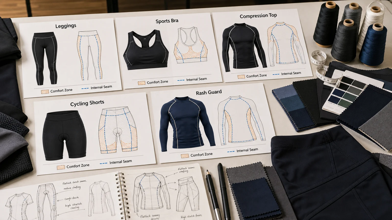 Activewear seam placement guide for leggings sports bras tops and rash guards