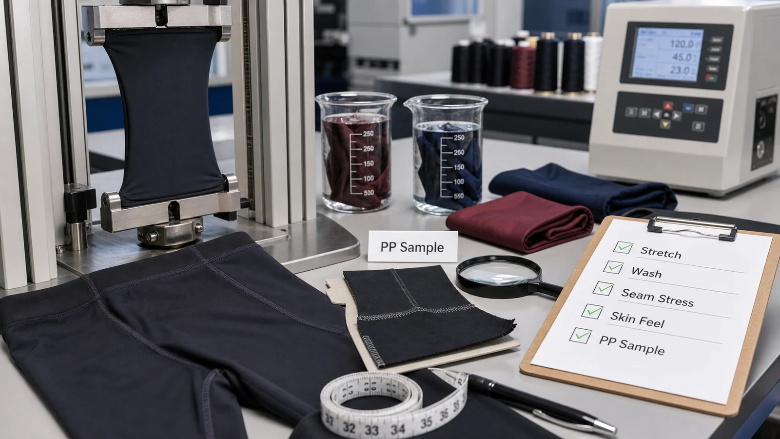 Activewear seam stretch and QC testing before bulk production