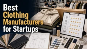 Best clothing manufacturers for startups cover image with startup garments samples scorecard and factory background