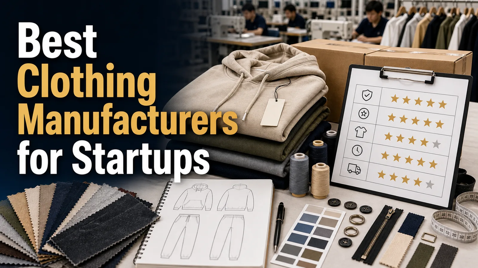 Best clothing manufacturers for startups cover image with startup garments samples scorecard and factory background