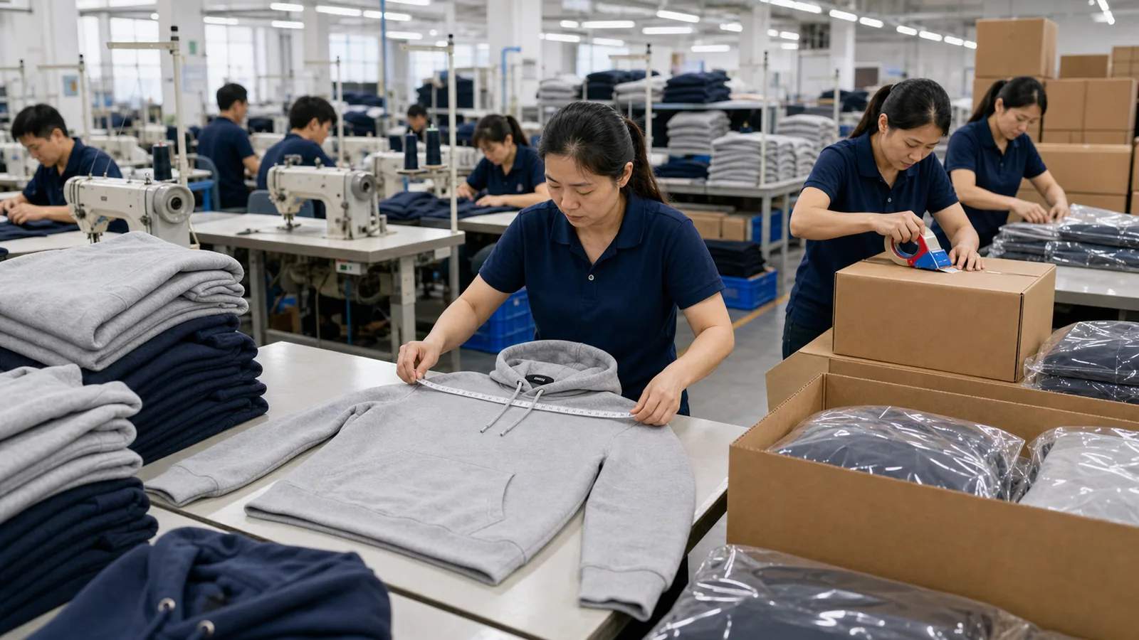 Bulk hoodie production cost with MOQ sewing line QC measurement packaging and export cartons