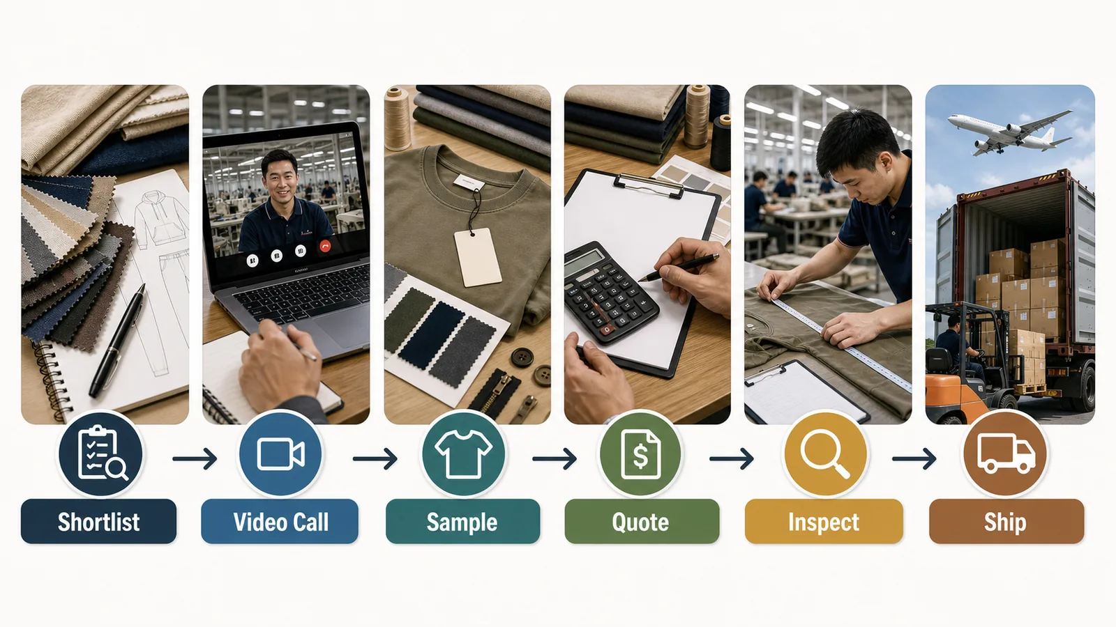 China apparel factory verification workflow for supplier shortlist sample quote inspection and shipping