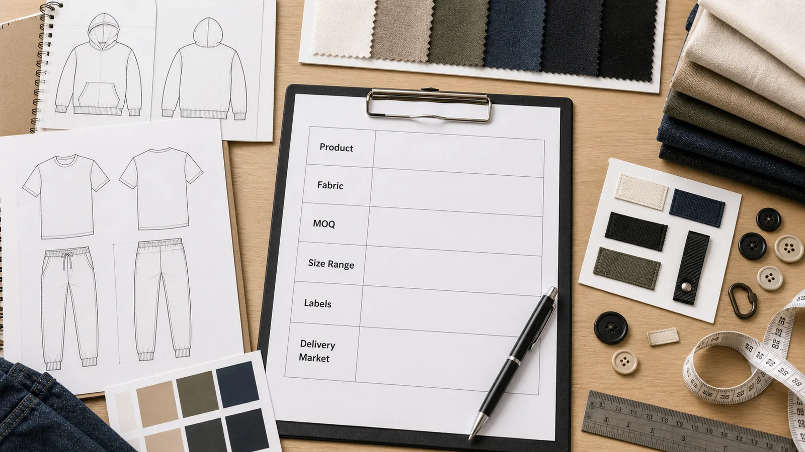 Buyer brief for finding a clothing manufacturer in China with product fabric MOQ and delivery details
