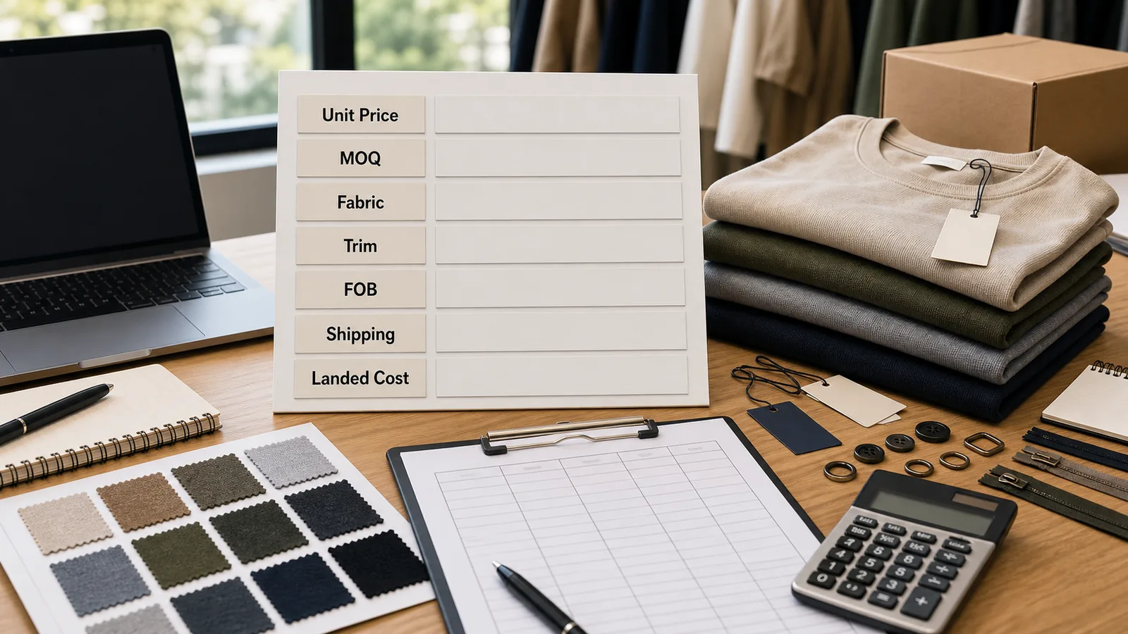 China clothing manufacturer quote and landed cost review with MOQ fabric trim sample fee FOB and shipping
