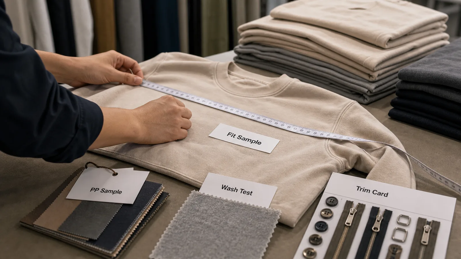 Clothing sample quality review in China with fit sample PP sample measurements wash test and trim card