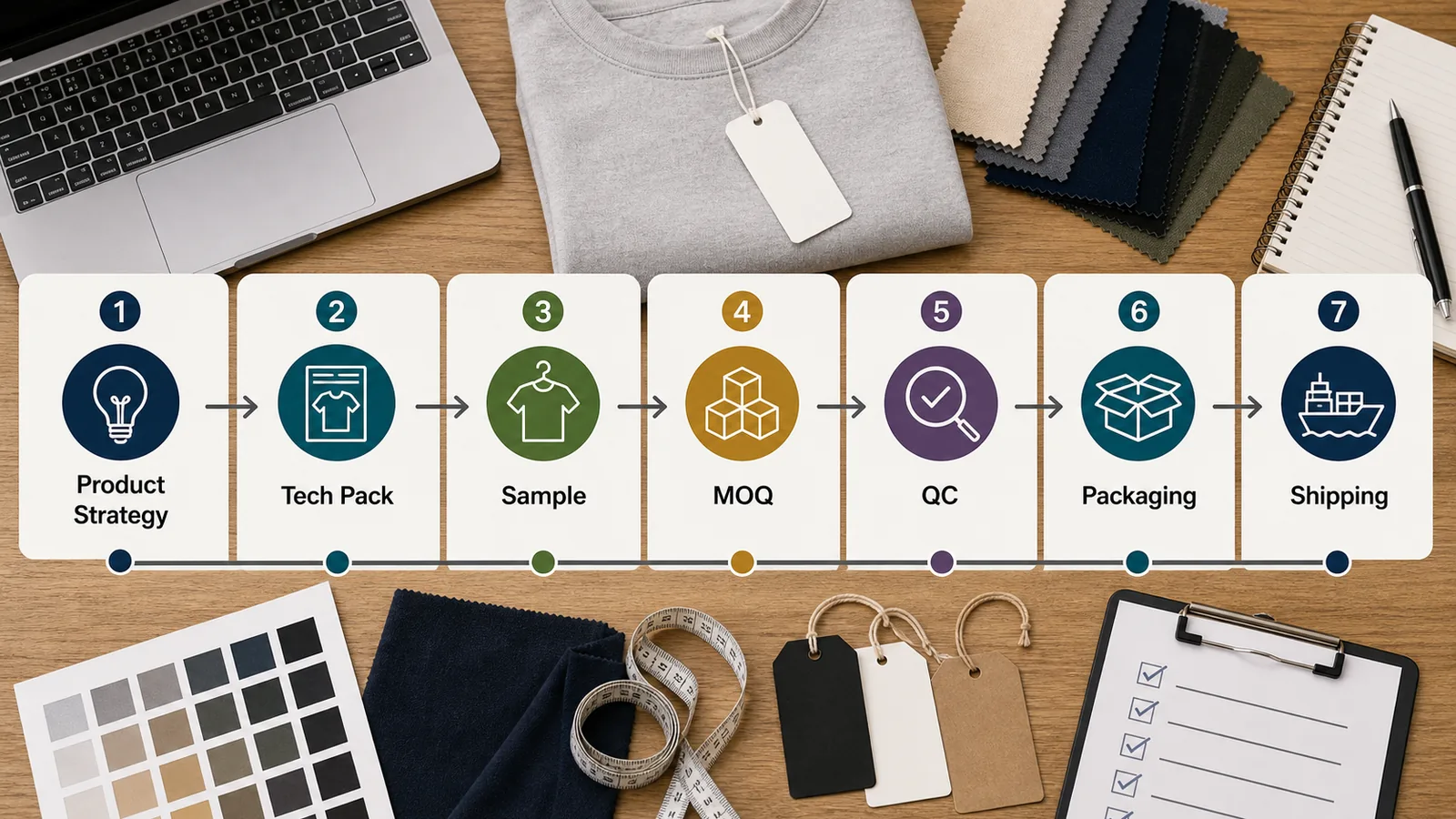 Clothing brand launch roadmap with product strategy tech pack sample MOQ QC packaging and shipping