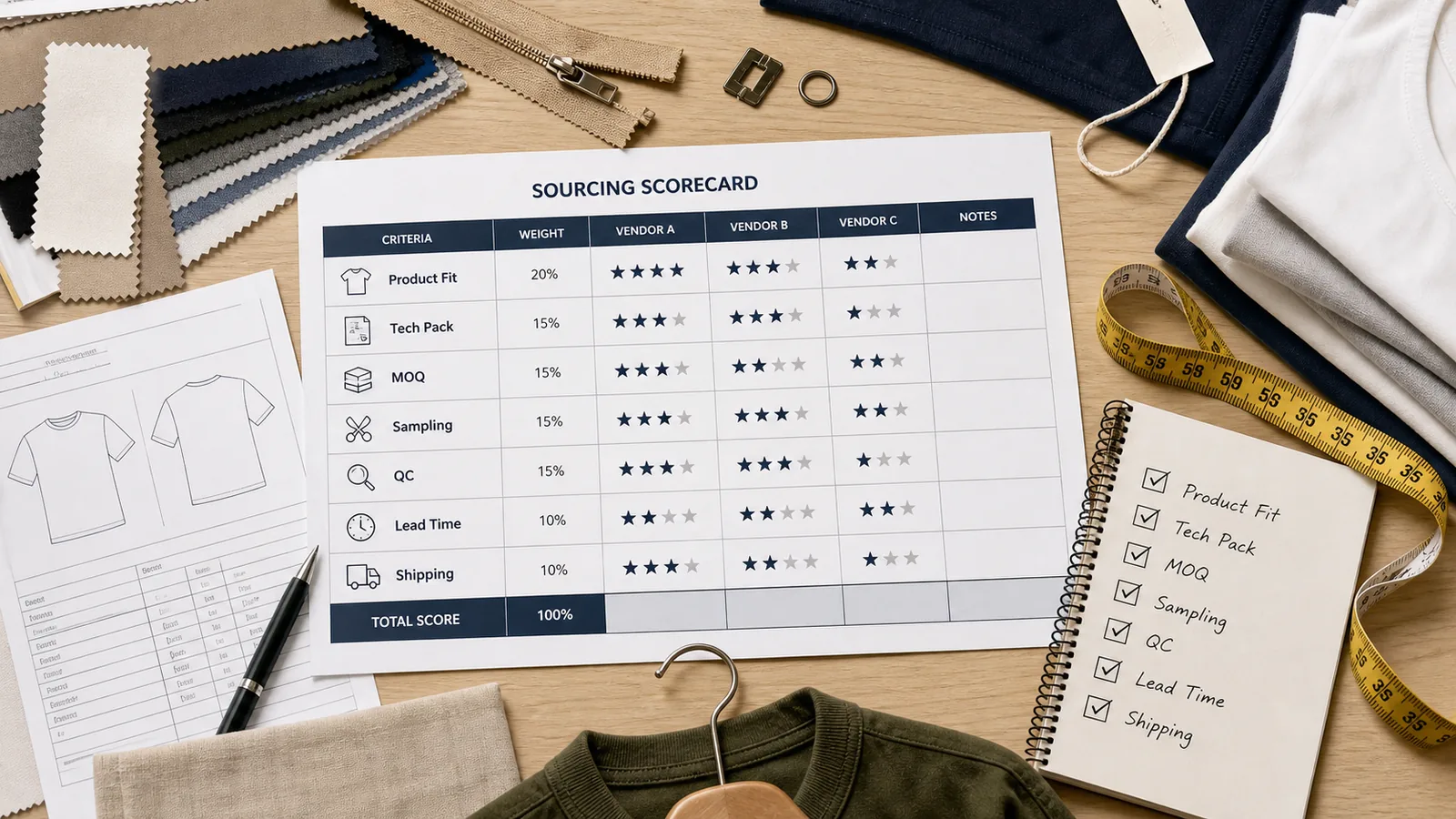 Clothing manufacturer selection scorecard for product fit, MOQ, sampling, QC, and shipping