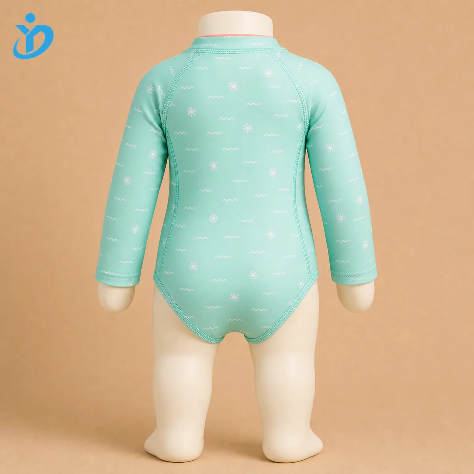 Custom baby zip rash guard swimsuit back view with long sleeve full coverage, printed UPF50+ swim fabric and Dongguan Yidi Clothing Co Ltd transparent logo