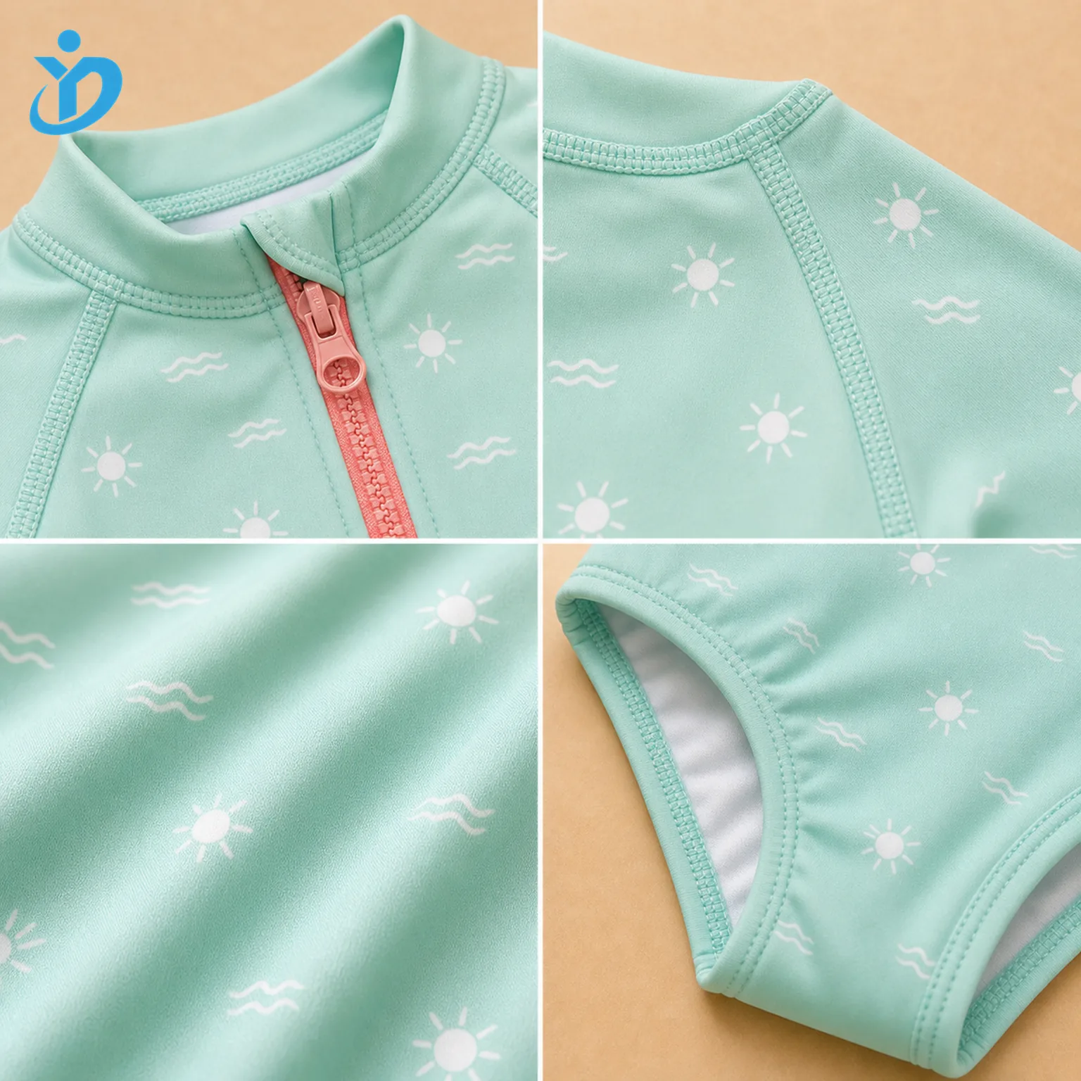 Detail grid for custom baby zip rash guard swimsuit showing front zipper, flatlock seam, swim fabric, binding and Dongguan Yidi Clothing Co Ltd transparent logo