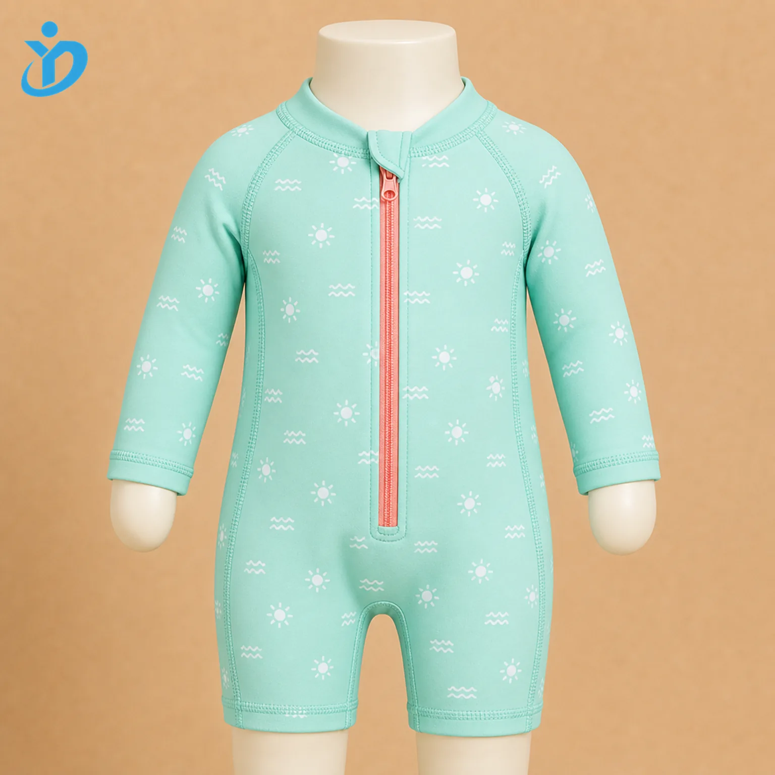 Custom baby zip rash guard swimsuit front view with YKK zipper, long sleeve, UPF50+ fabric and Dongguan Yidi Clothing Co Ltd transparent logo