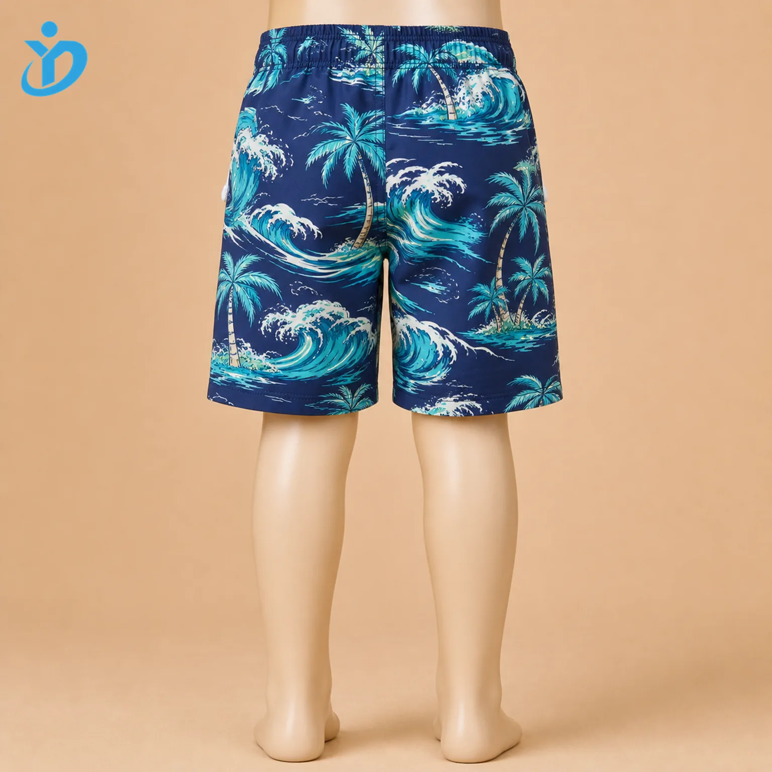 Custom boys all-over print swim trunks back view with water repellent printed fabric and Dongguan Yidi Clothing Co Ltd transparent logo