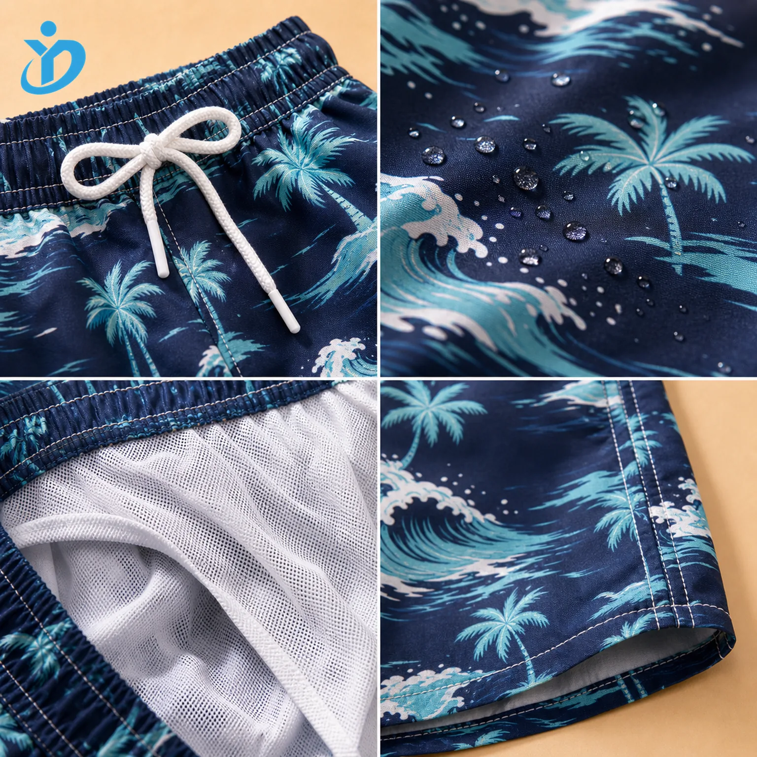 Detail grid for custom boys all-over print swim trunks showing mesh lining, drawcord, water repellent fabric and Dongguan Yidi Clothing Co Ltd transparent logo