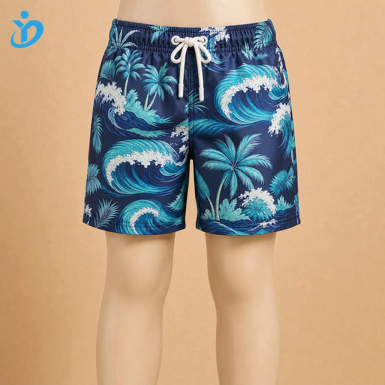 Custom boys all-over print swim trunks front view with elastic waist drawcord and Dongguan Yidi Clothing Co Ltd transparent logo