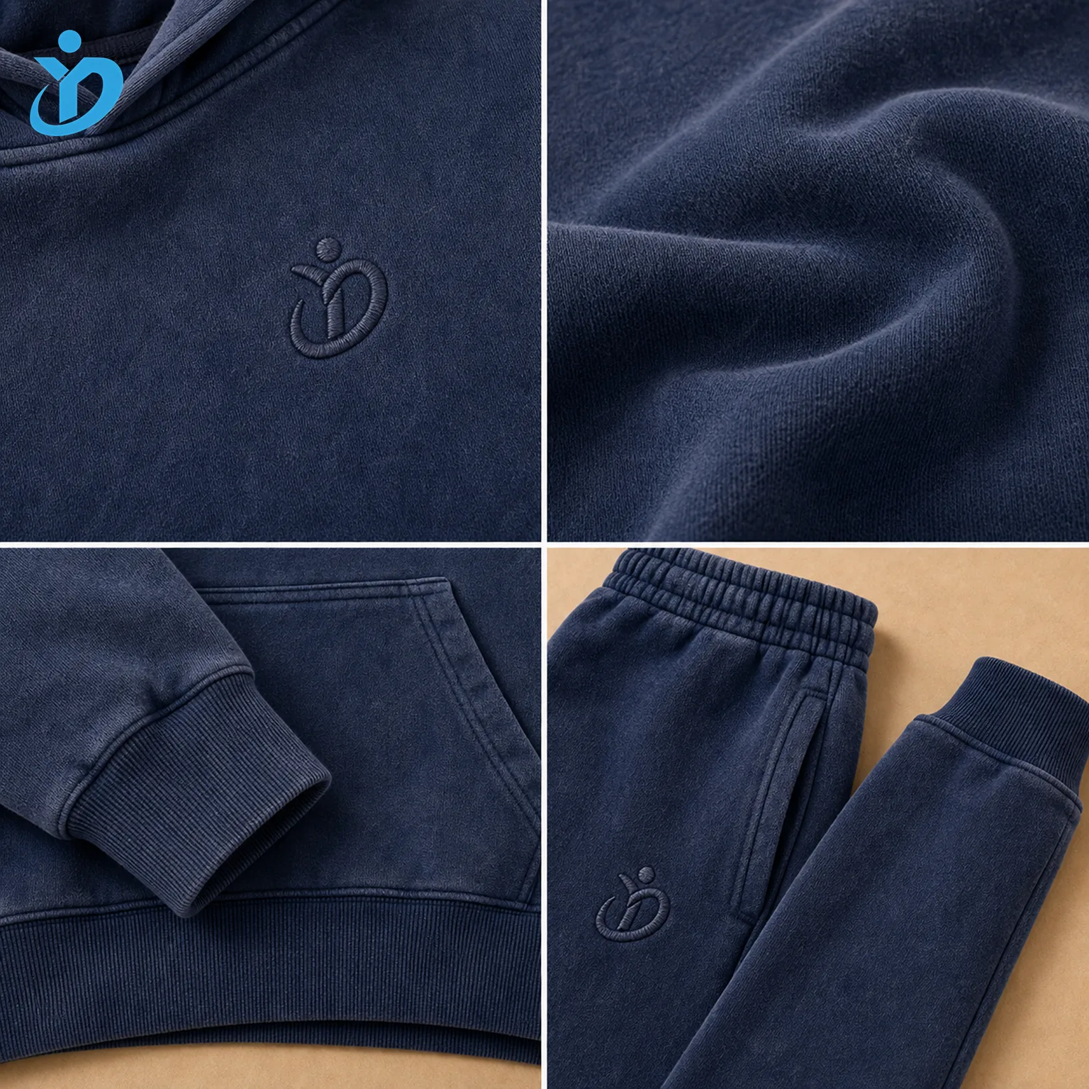 Detail grid for custom boys embroidered tracksuit set showing premium embroidery logo, garment washed fleece texture, ribbed cuffs, jogger waistband and Dongguan Yidi Clothing Co Ltd transparent logo.