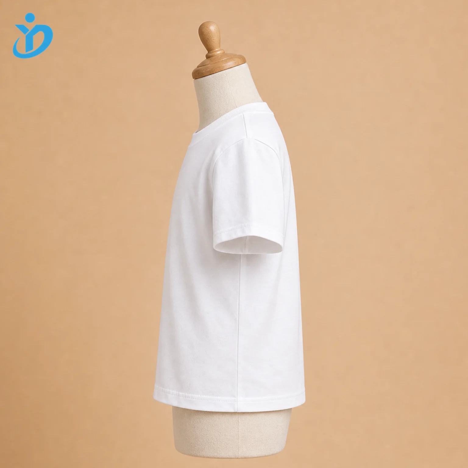 Custom Boys Solid White Cotton T-Shirt side view with transparent company logo