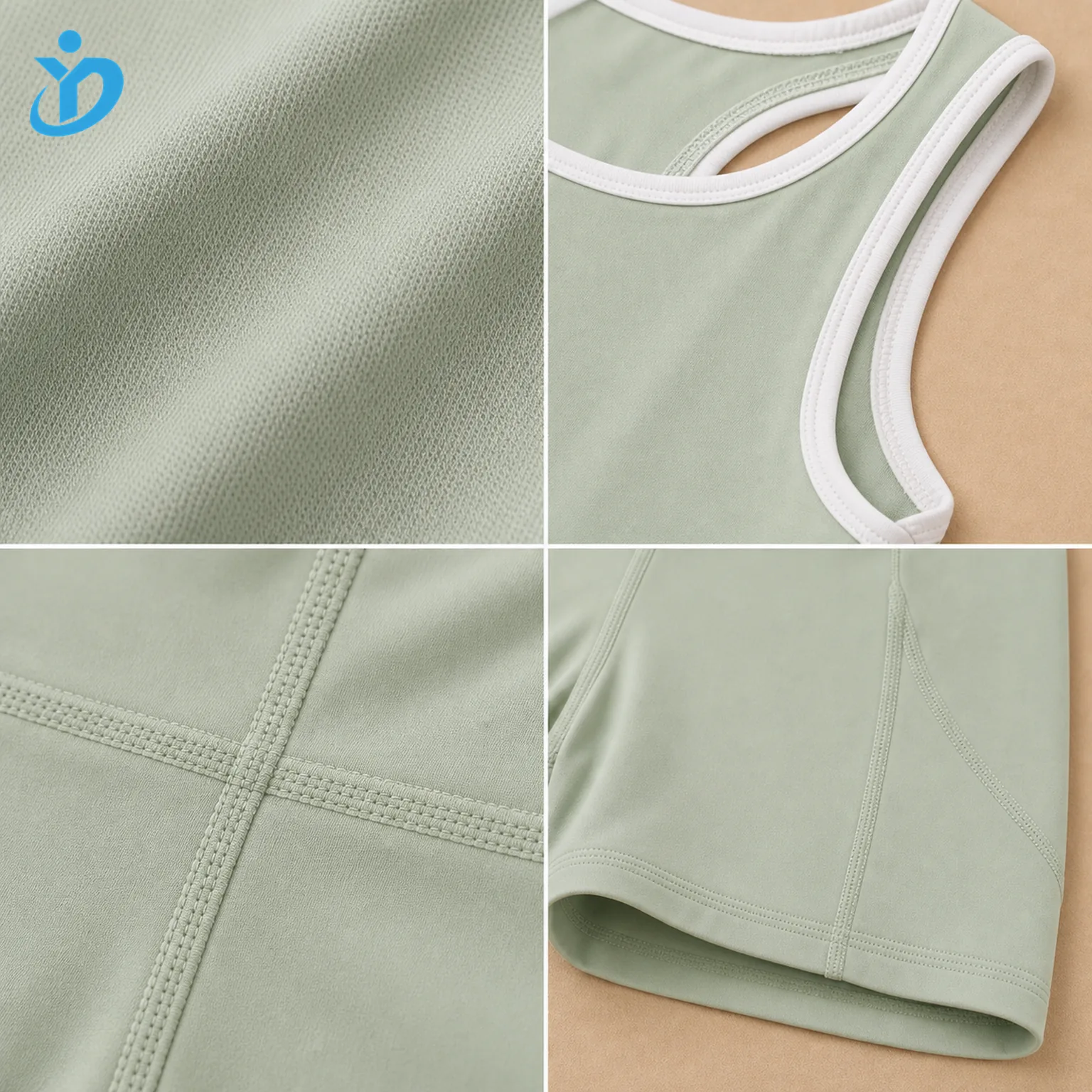 Detail grid for custom girls active sport romper showing quick-dry stretch fabric texture, white elastic binding, flatlock seams, four-needle six-thread stitching and Dongguan Yidi Clothing Co Ltd transparent logo.
