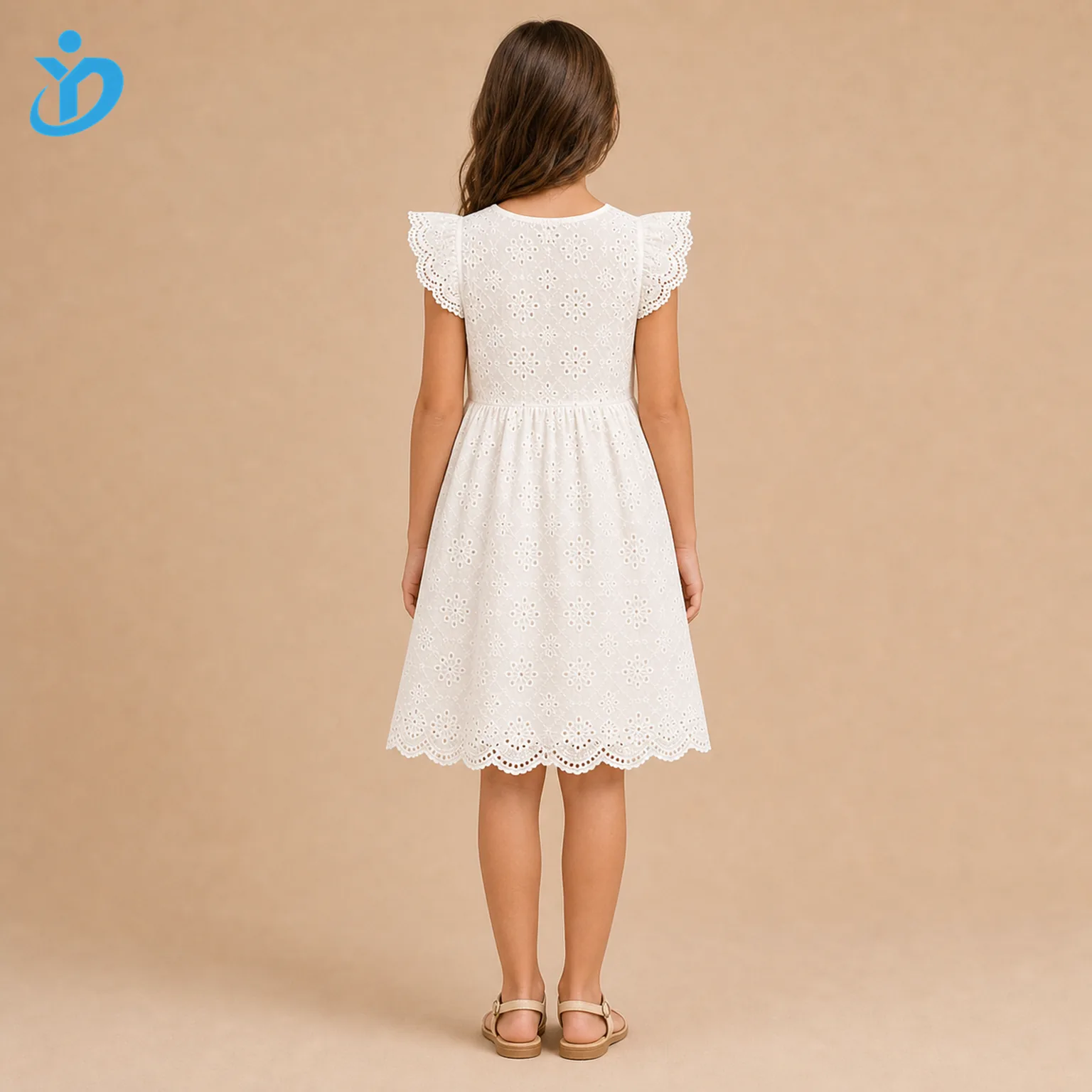 Full body back view of custom girls broderie anglaise dress with ivory cotton eyelet embroidery, flutter sleeves, scalloped hem, lace edge and Dongguan Yidi Clothing Co Ltd transparent logo