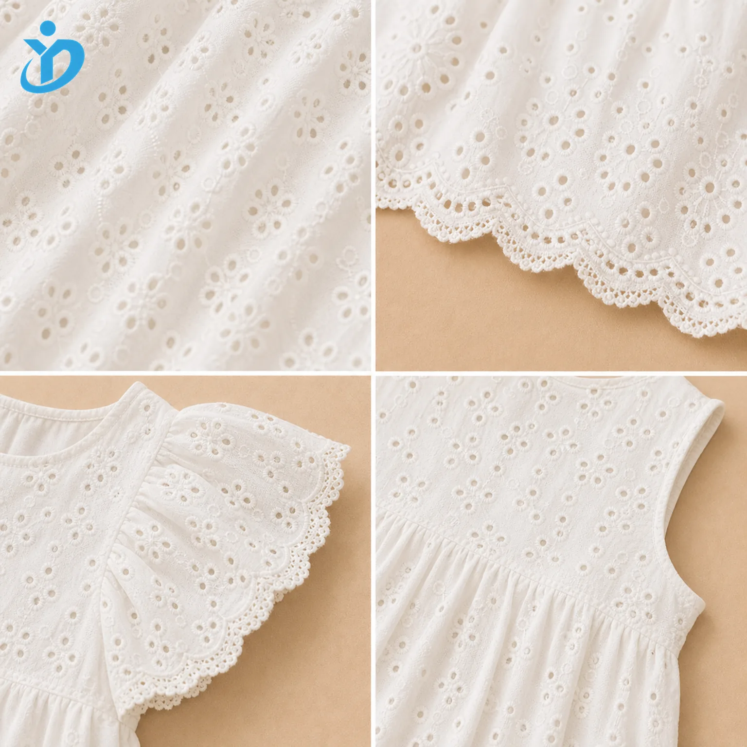 Detail grid for custom girls broderie anglaise dress showing eyelet embroidery, cotton embroidery texture, scalloped hem, lace edge, garment washed cotton and Dongguan Yidi Clothing Co Ltd transparent logo
