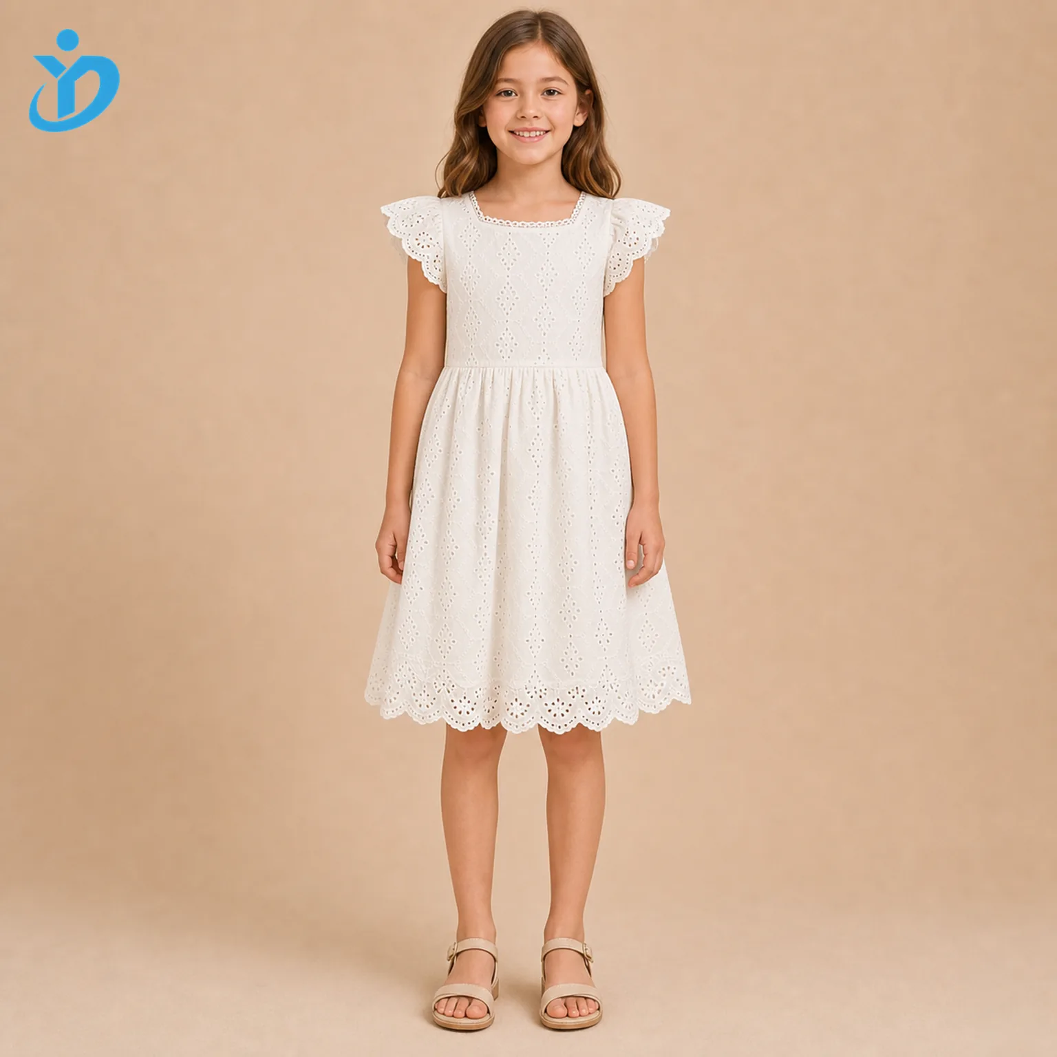 Full body front view of custom girls broderie anglaise dress in ivory white cotton with eyelet embroidery, scalloped hem, lace edge, garment wash, French summer style and Dongguan Yidi Clothing Co Ltd transparent logo