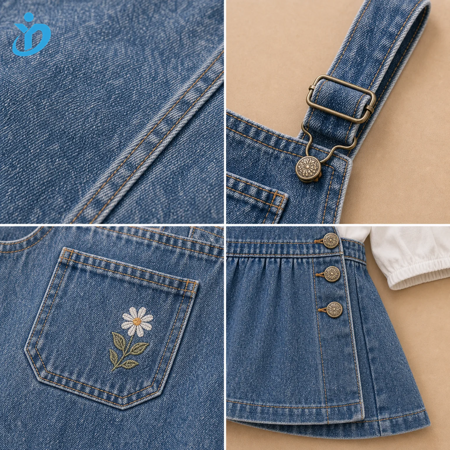 Detail grid for custom girls denim pinafore dress showing stone wash denim texture, contrast stitching, adjustable strap, metal buttons, embroidery patch pocket, side waist button and Dongguan Yidi Clothing Co Ltd transparent logo