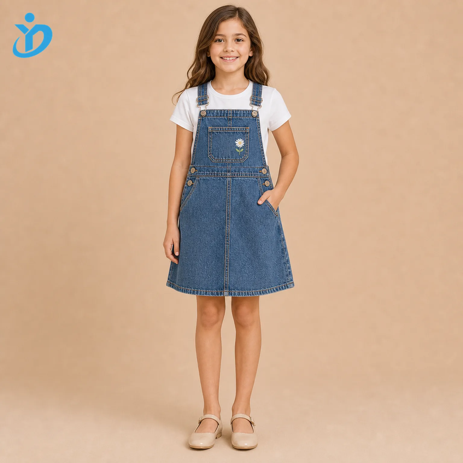 Full body front view of custom girls denim pinafore dress in stone wash blue denim with adjustable straps, white T-shirt styling, contrast stitching, metal buttons, embroidery patch and Dongguan Yidi Clothing Co Ltd transparent logo