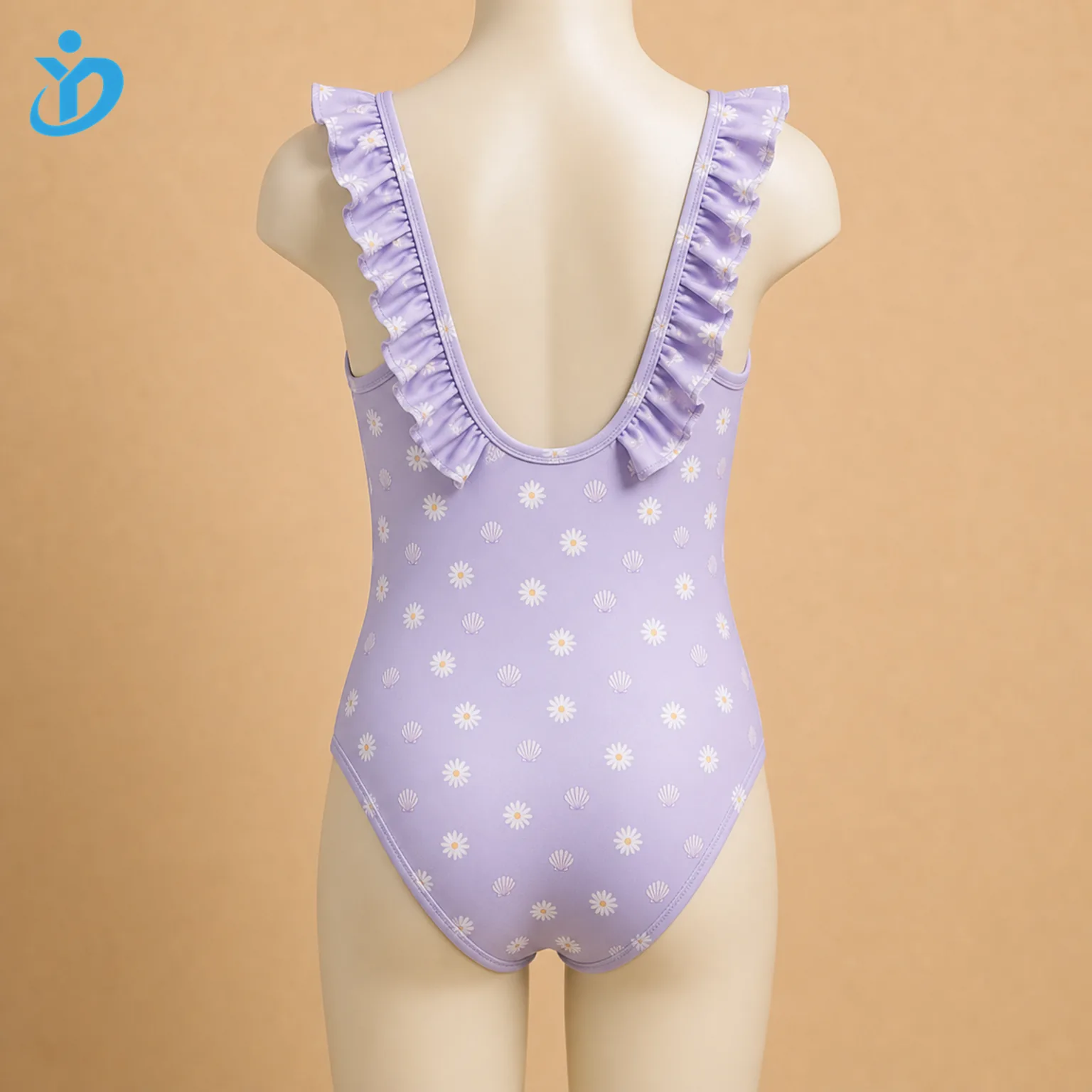 Custom girls one-piece ruffle swimsuit back view with ruffle straps, lined edges and Dongguan Yidi Clothing Co Ltd transparent logo