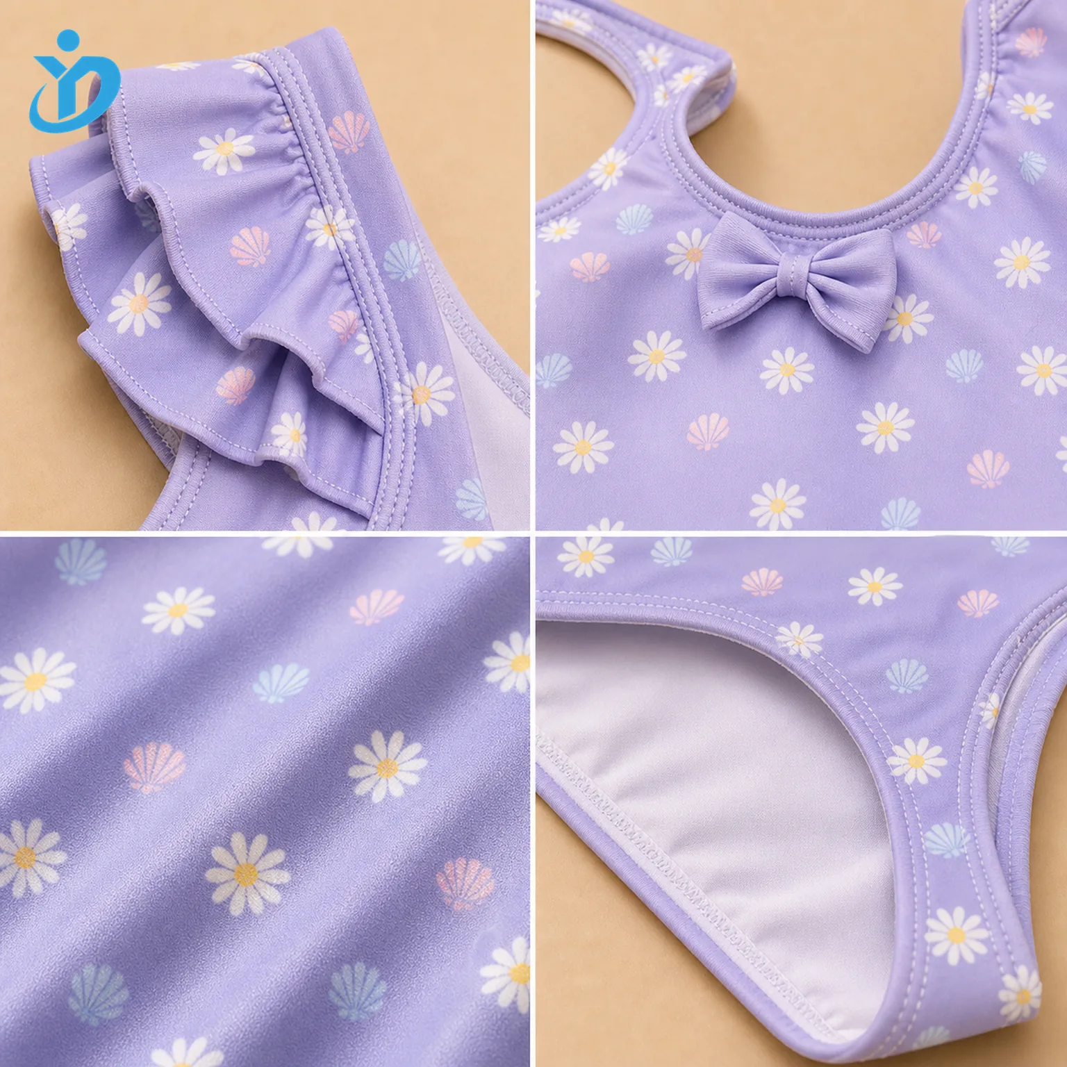Detail grid for custom girls one-piece ruffle swimsuit showing ruffle shoulder, bow, digital print, full lining and Dongguan Yidi Clothing Co Ltd transparent logo
