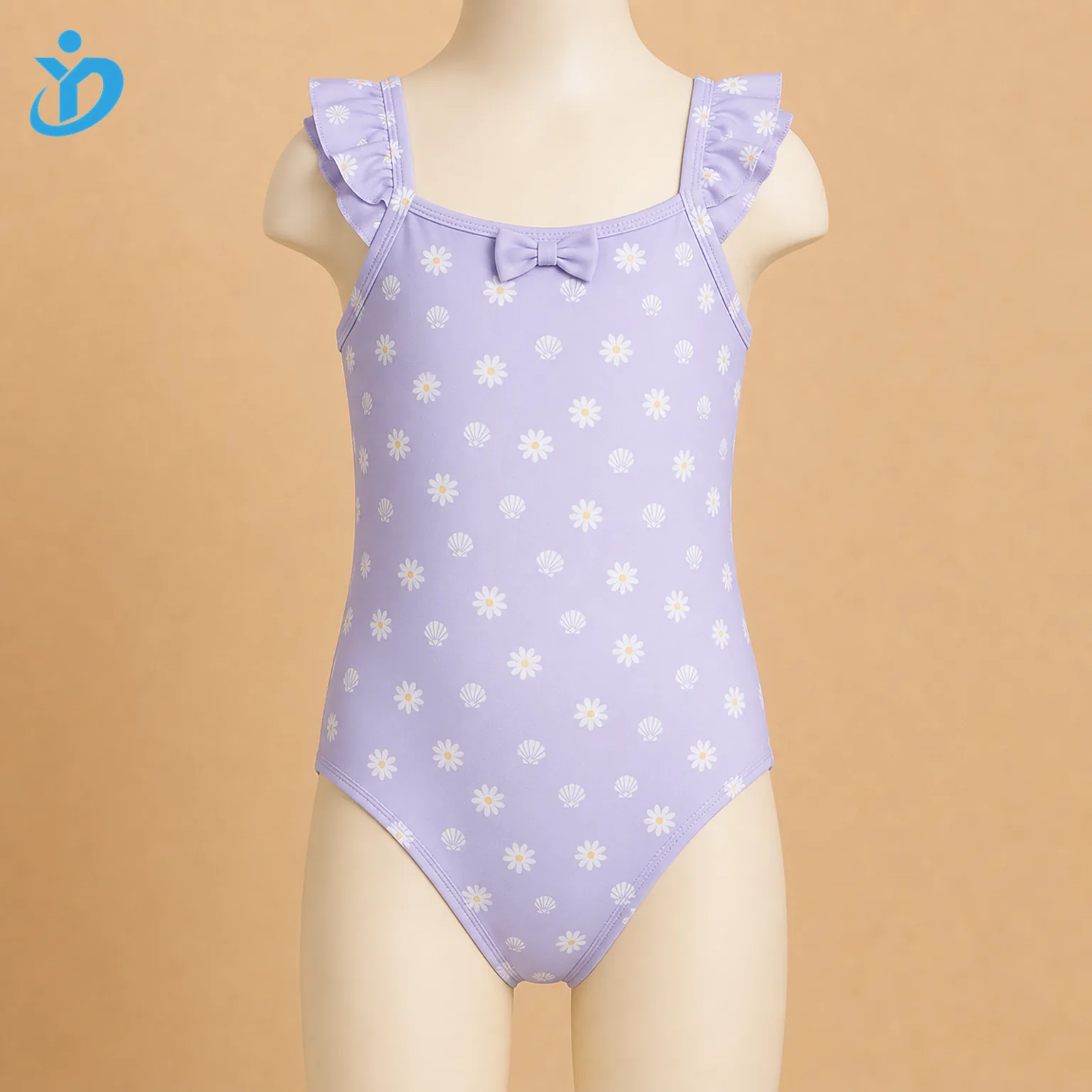 Custom girls one-piece ruffle swimsuit front view with bow decoration, digital print and Dongguan Yidi Clothing Co Ltd transparent logo