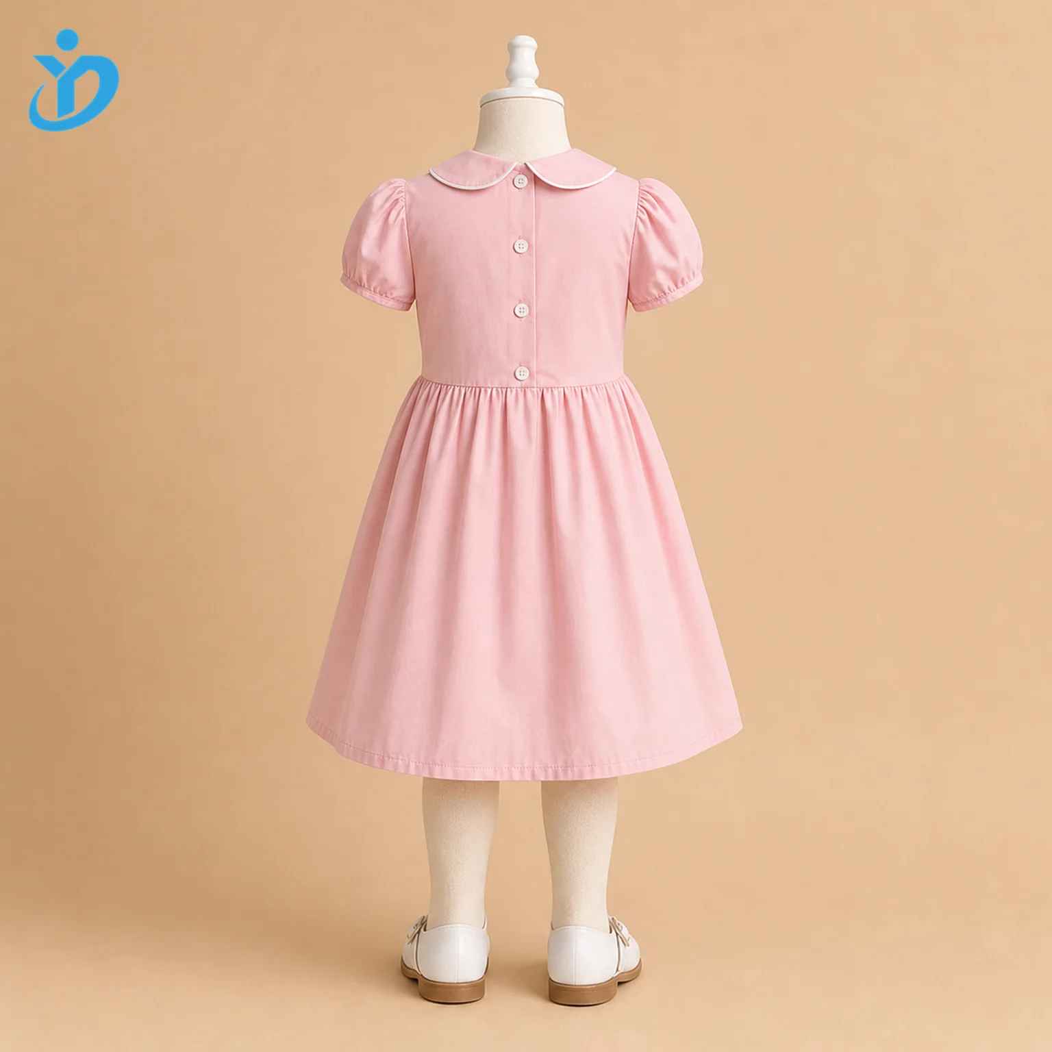 Custom Girls Pink Cotton Cute A-Line Dress back view with transparent company logo