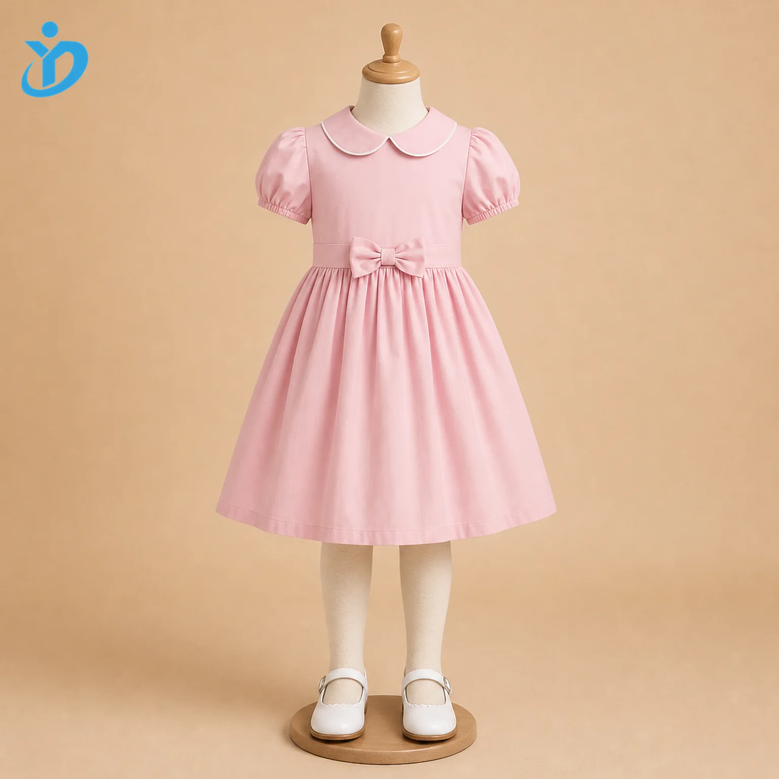 Custom Girls Pink Cotton Cute A-Line Dress front view with transparent company logo
