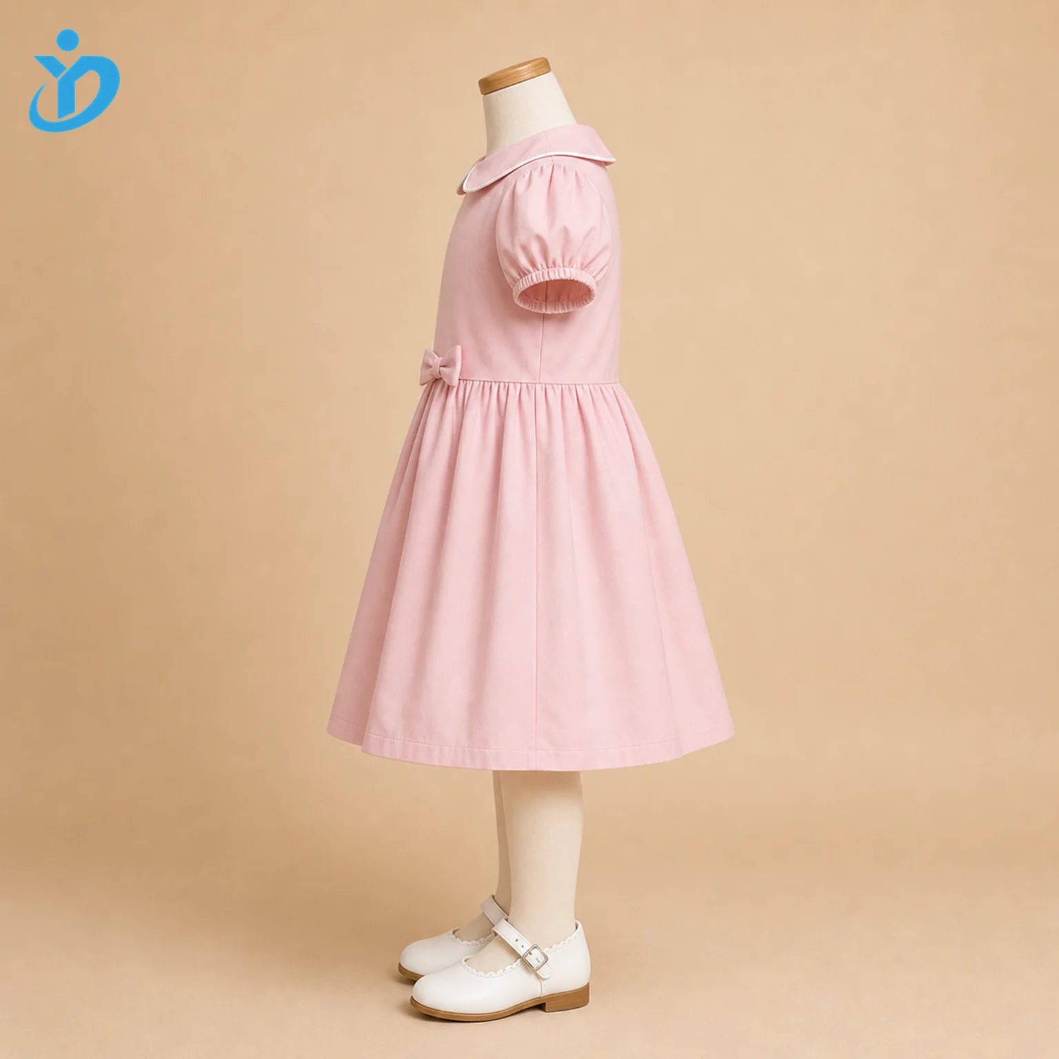 Custom Girls Pink Cotton Cute A-Line Dress side view with transparent company logo