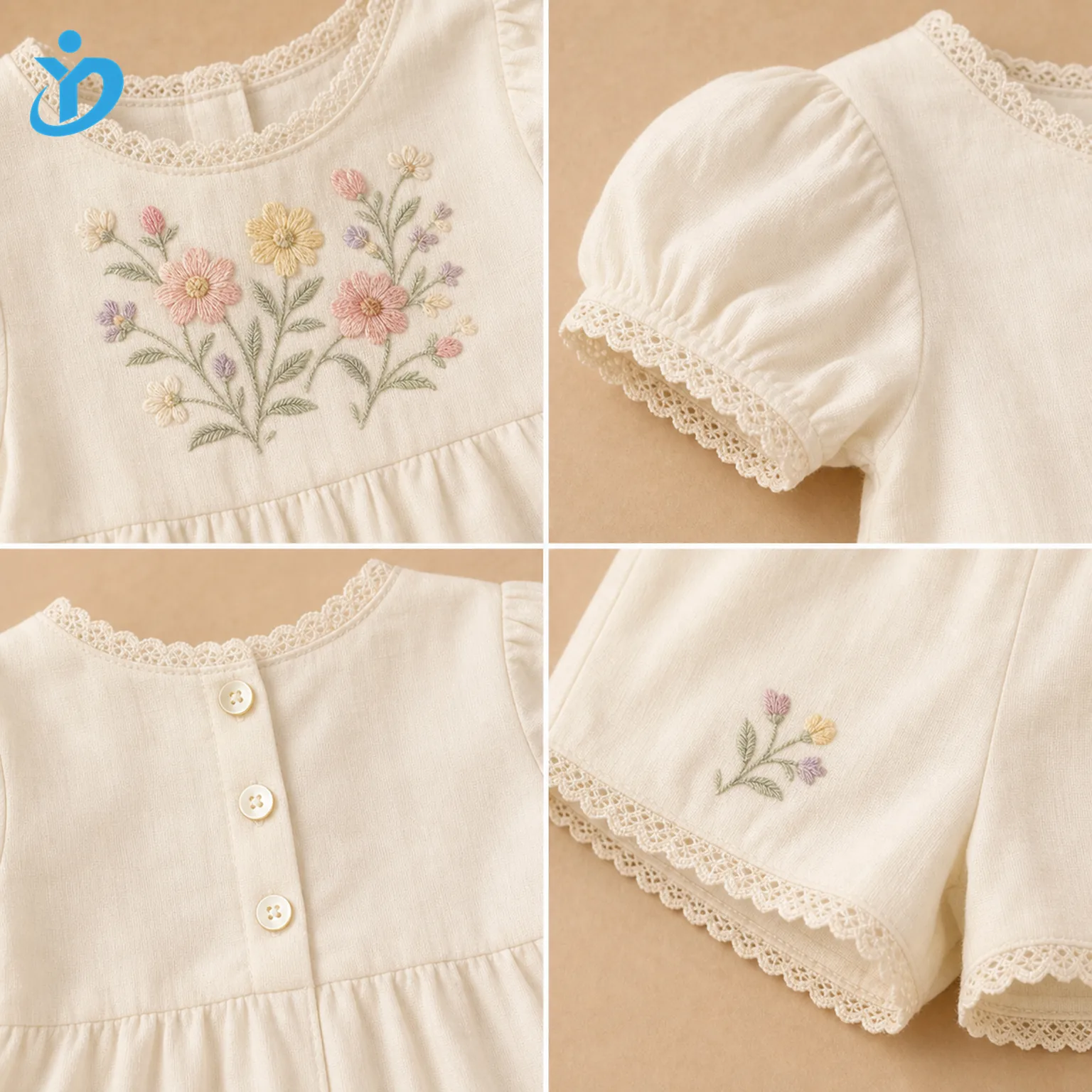 Detail grid for custom girls puff sleeve embroidered romper showing floral embroidery, lace trim, puff sleeve, back buttons and Dongguan Yidi Clothing Co Ltd transparent logo.