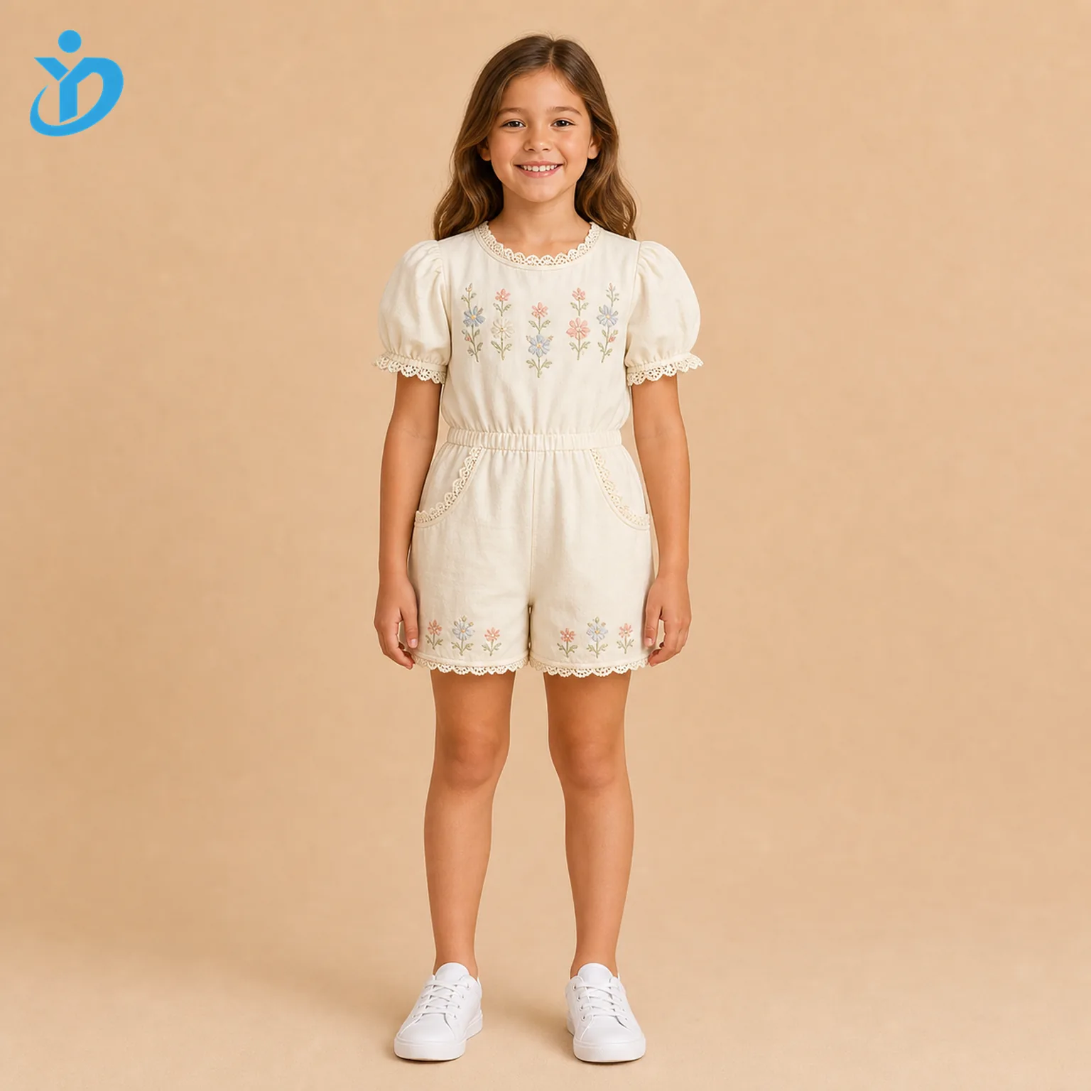 Custom girls puff sleeve embroidered romper front view with ivory cotton fabric, floral embroidery, lace trim, puff sleeves and Dongguan Yidi Clothing Co Ltd transparent logo.