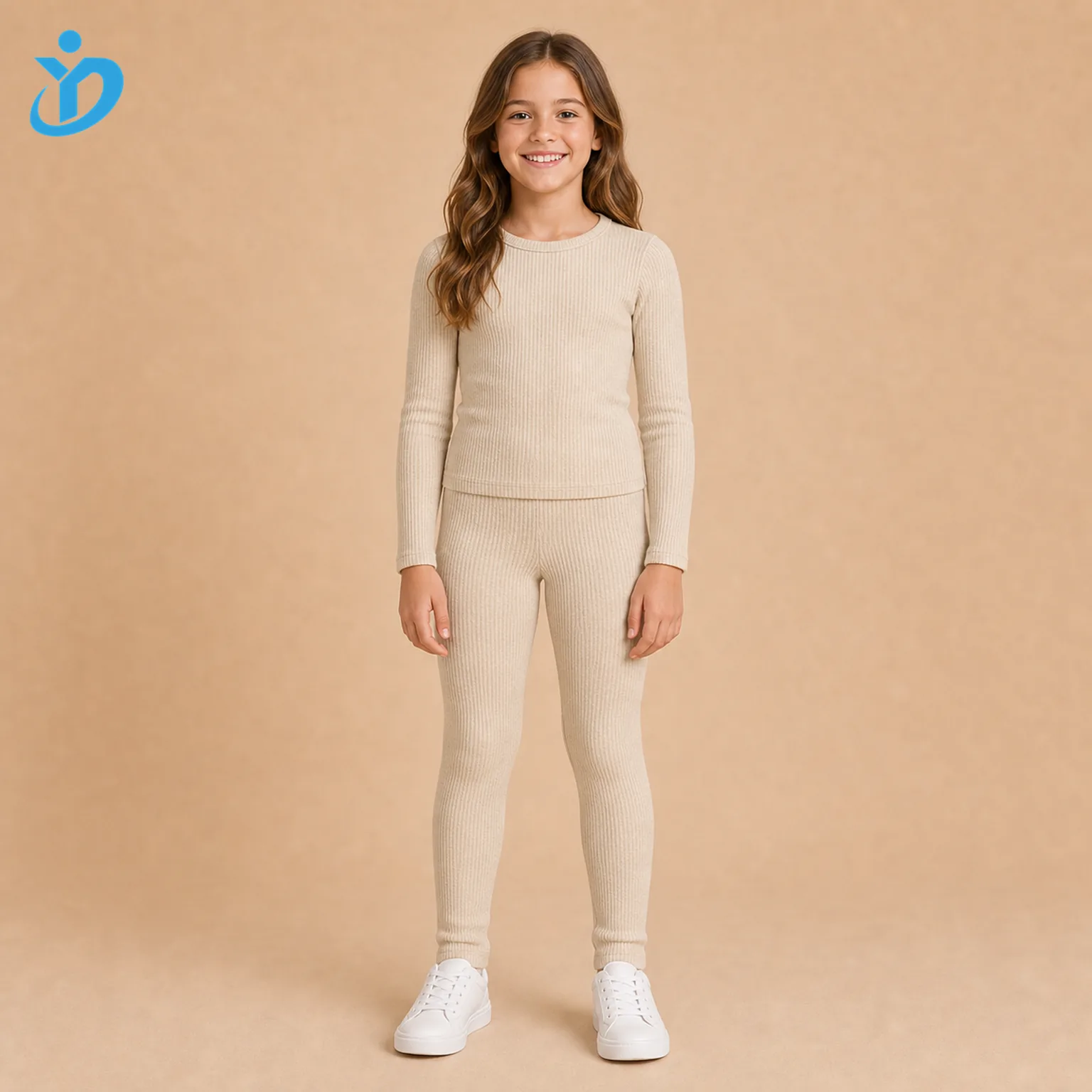 Front view of custom girls ribbed knit fitted set