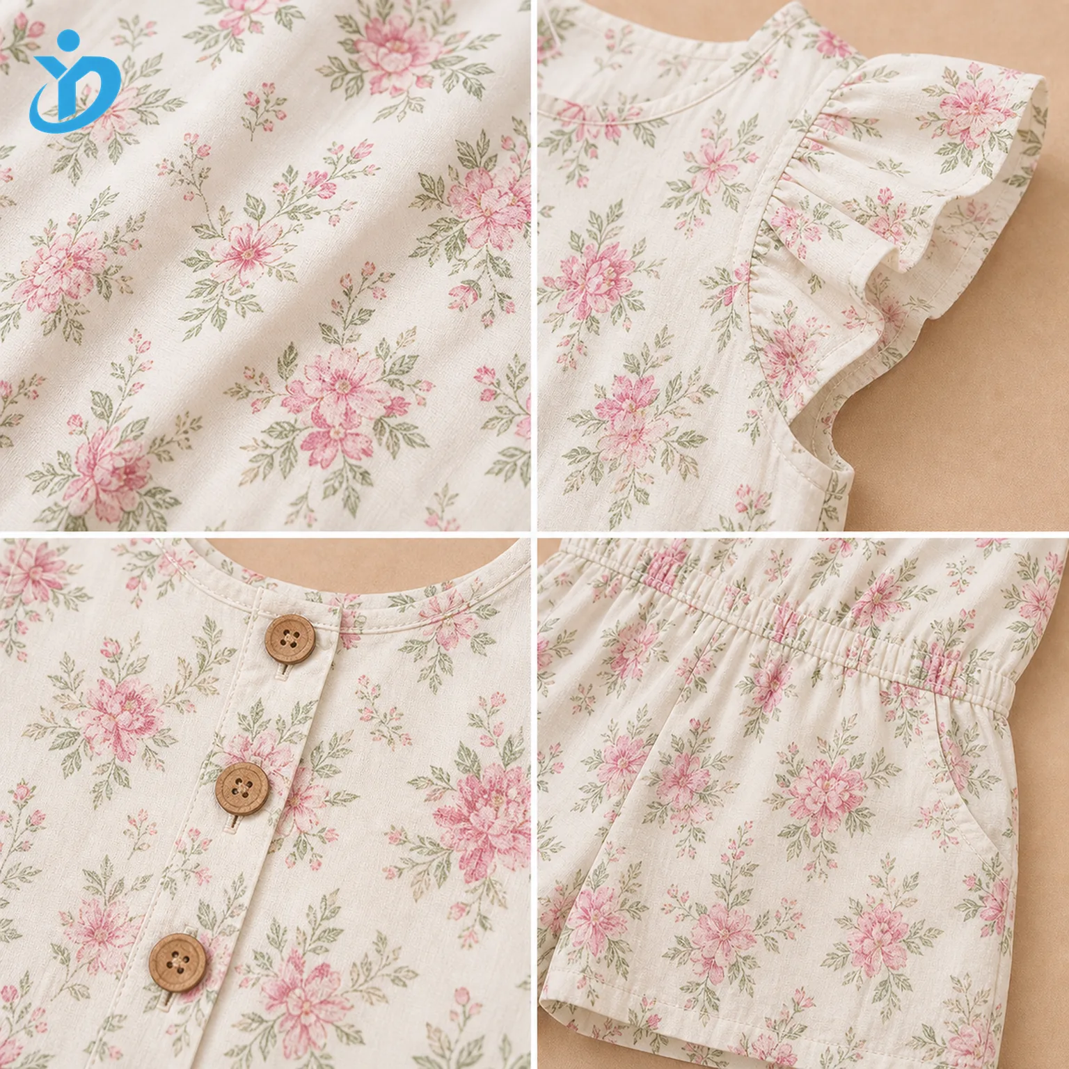 Detail grid for custom girls ruffle sleeve floral romper showing all-over digital floral print, ruffle sleeve, wooden button placket, elastic waist, shorts seam and Dongguan Yidi Clothing Co Ltd transparent logo