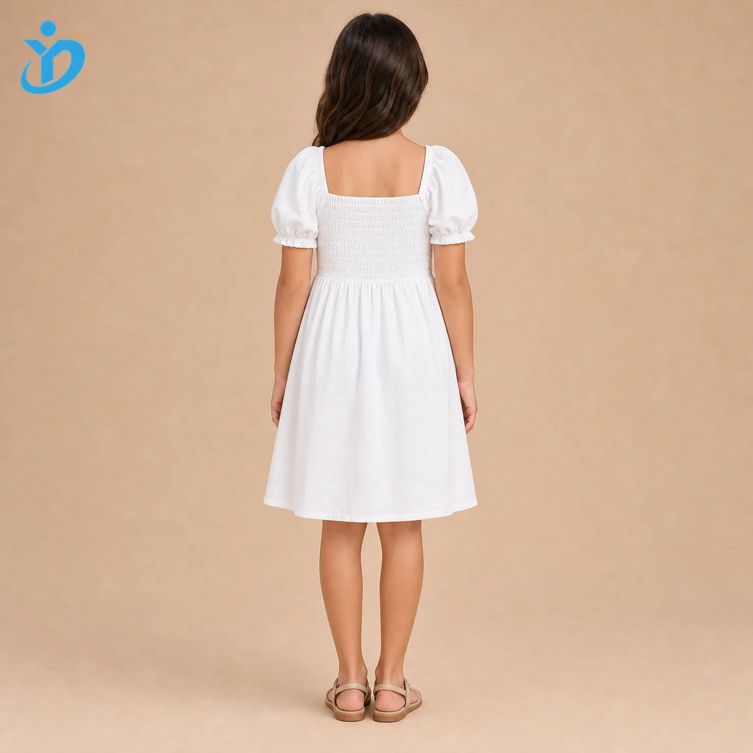 Full body back view of custom girls smocked dress with square back neckline, smocked back bodice, puff sleeves, A-line skirt and Dongguan Yidi Clothing Co Ltd transparent logo