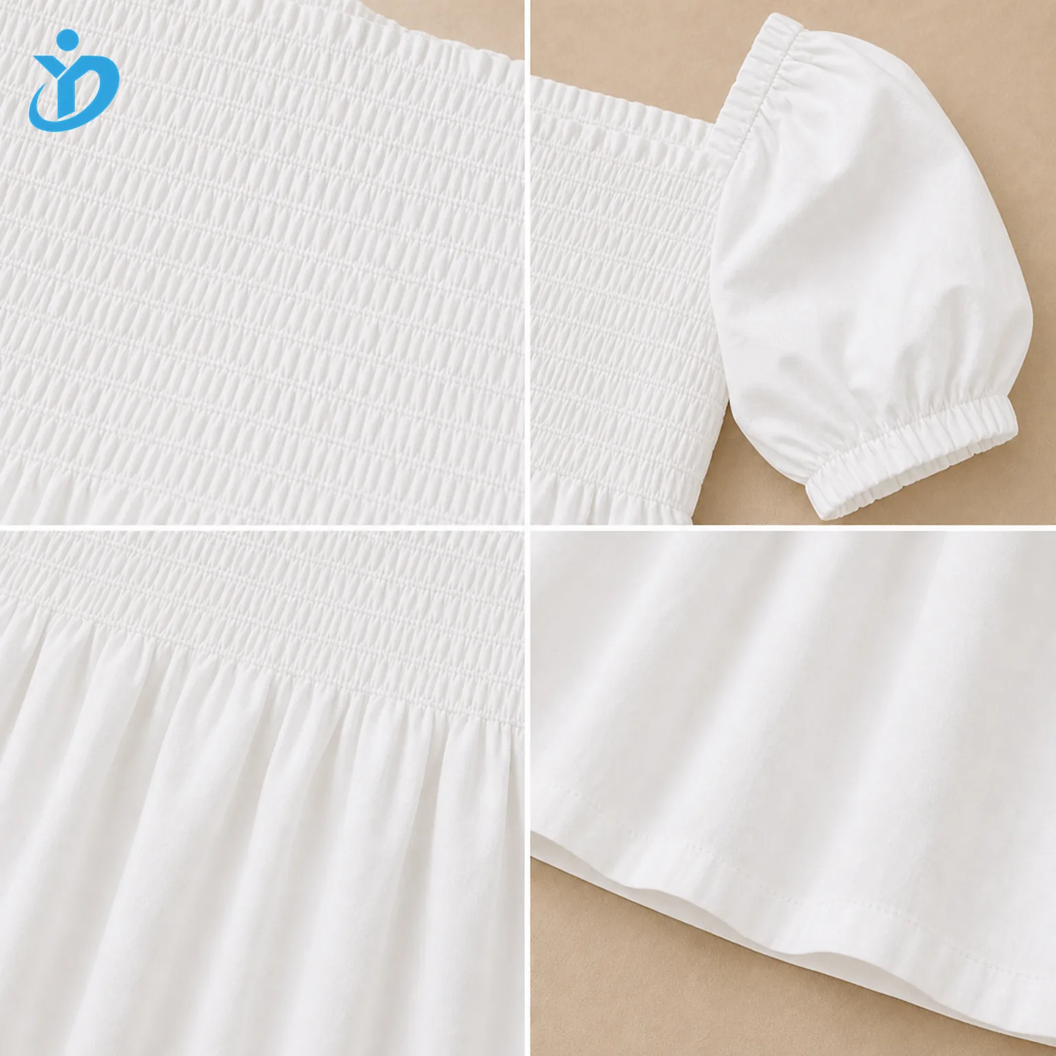 Detail grid for custom girls smocked dress showing chest smocking, puff sleeve with elastic cuff, cotton fabric, waist gathers, A-line skirt hem and Dongguan Yidi Clothing Co Ltd transparent logo