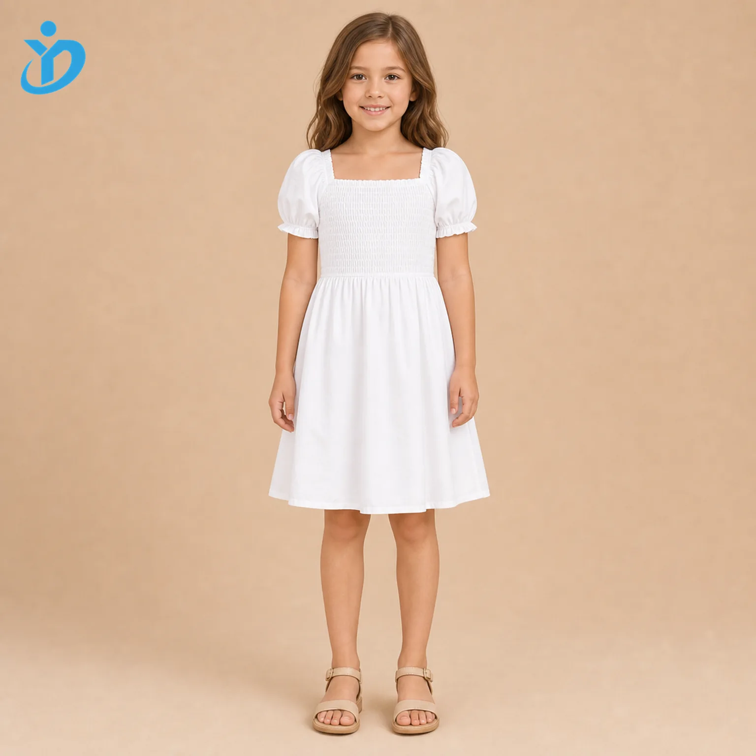Full body front view of custom girls smocked dress in white cotton with chest smocking, square neckline, puff sleeves, A-line skirt and Dongguan Yidi Clothing Co Ltd transparent logo