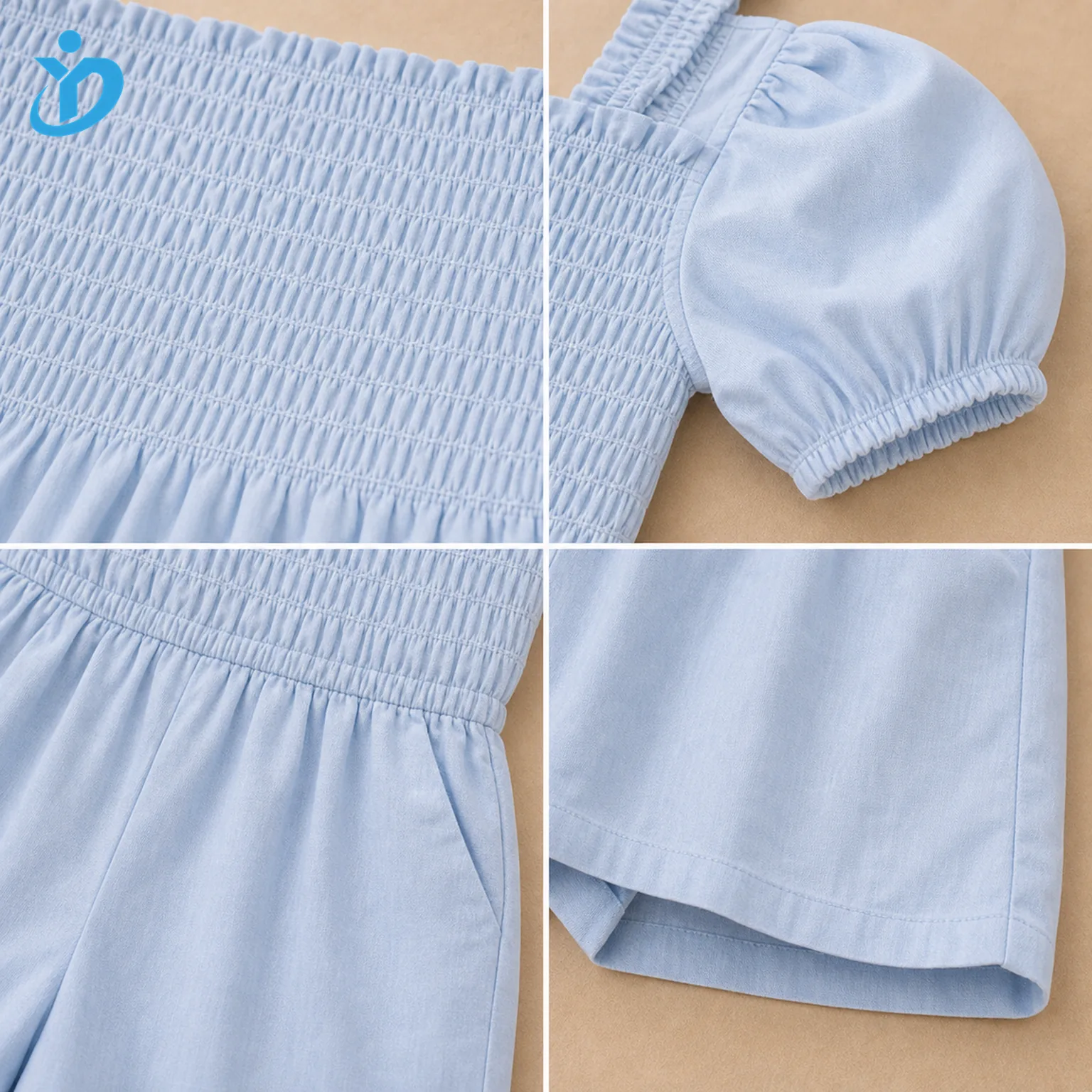 Detail grid for custom girls smocked romper showing hand or machine smocking, elastic shirring, puff sleeve, elastic waist, shorts hem and Dongguan Yidi Clothing Co Ltd transparent logo