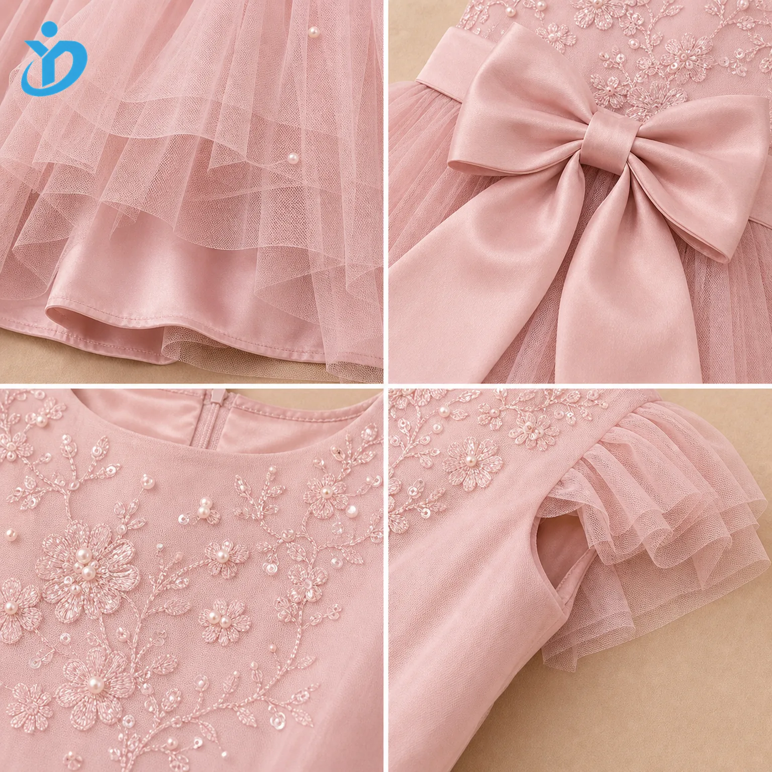 Detail grid for custom girls tulle princess dress showing layered pink tulle, satin lining, large bow, pearl decoration, sequins, embroidery, sleeve and hem details with Dongguan Yidi Clothing Co Ltd transparent logo
