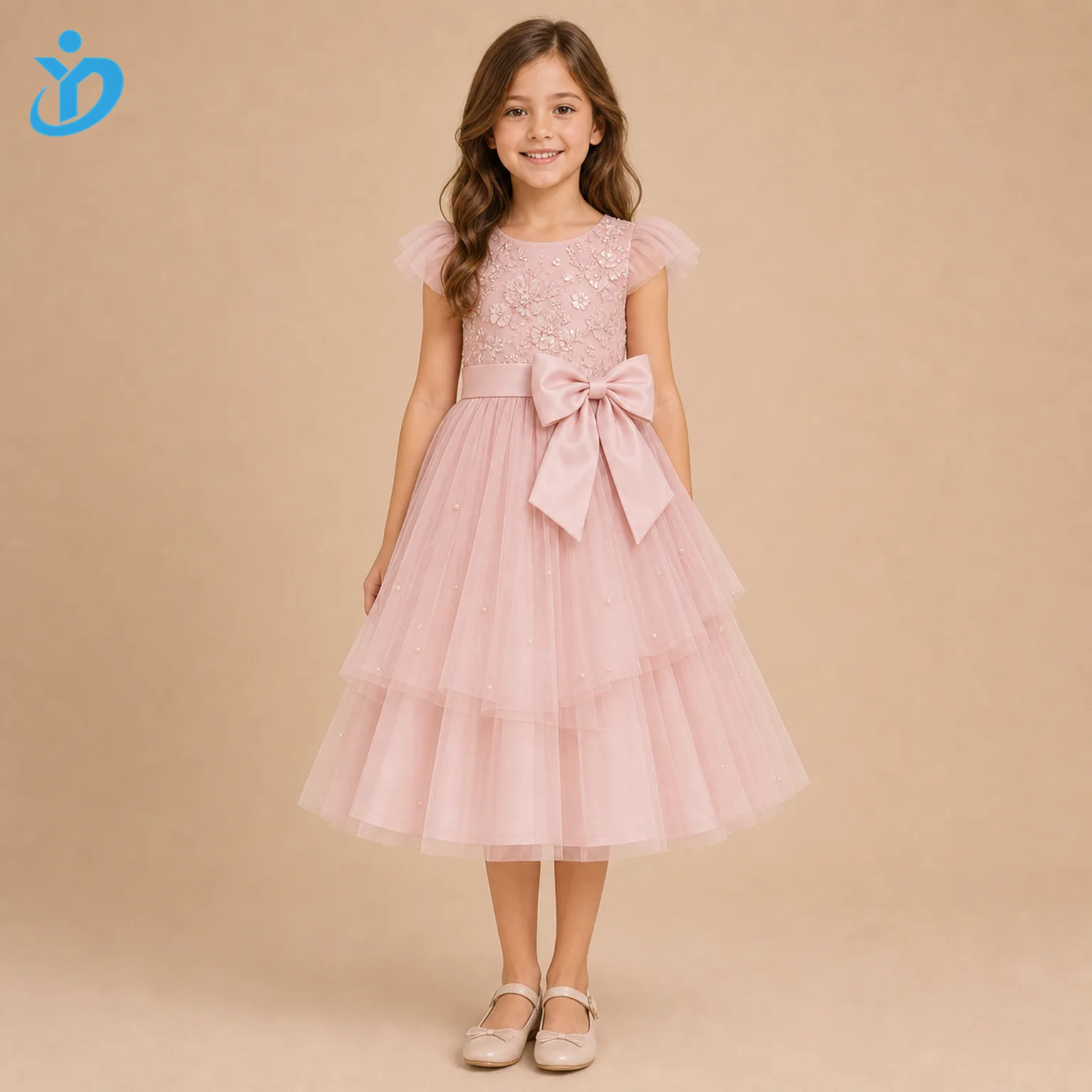 Full body front view of custom girls tulle princess dress in pink with layered tulle skirt, satin lining, large bow, pearl decoration, sequins, embroidery and Dongguan Yidi Clothing Co Ltd transparent logo