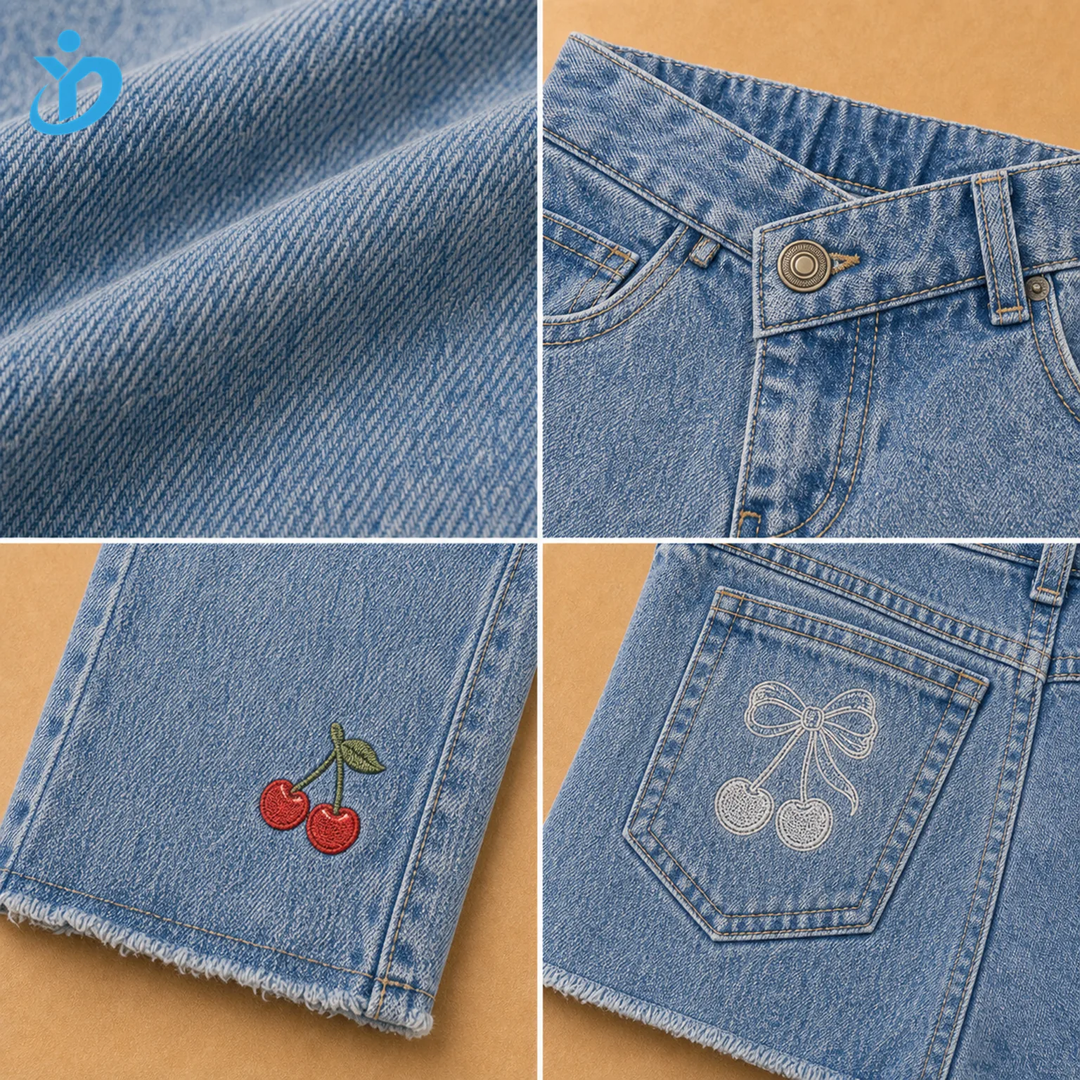 Detail grid for custom girls wide leg denim jeans showing snow wash denim texture, crossover waistband, cherry detail, embroidered back pocket, raw frayed hem and Dongguan Yidi Clothing Co Ltd transparent logo
