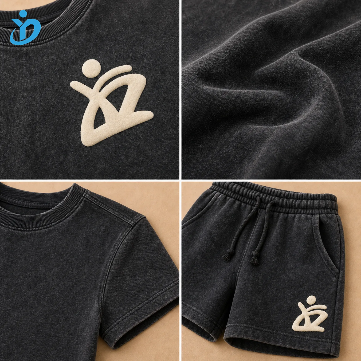 Detail grid for custom kids 3D puff print T-shirt and shorts set showing raised puff print, vintage washed cotton, ribbed collar, elastic waistband, shorts hem and Dongguan Yidi Clothing Co Ltd transparent logo.