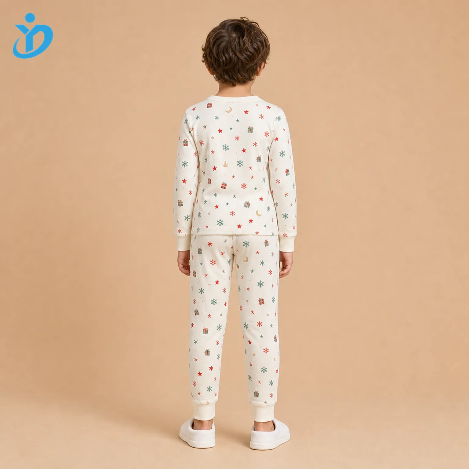 Custom kids all-over print pajama set back view with cream cotton jersey, DTG holiday print, long sleeve top, full-length pants and Dongguan Yidi Clothing Co Ltd transparent logo.