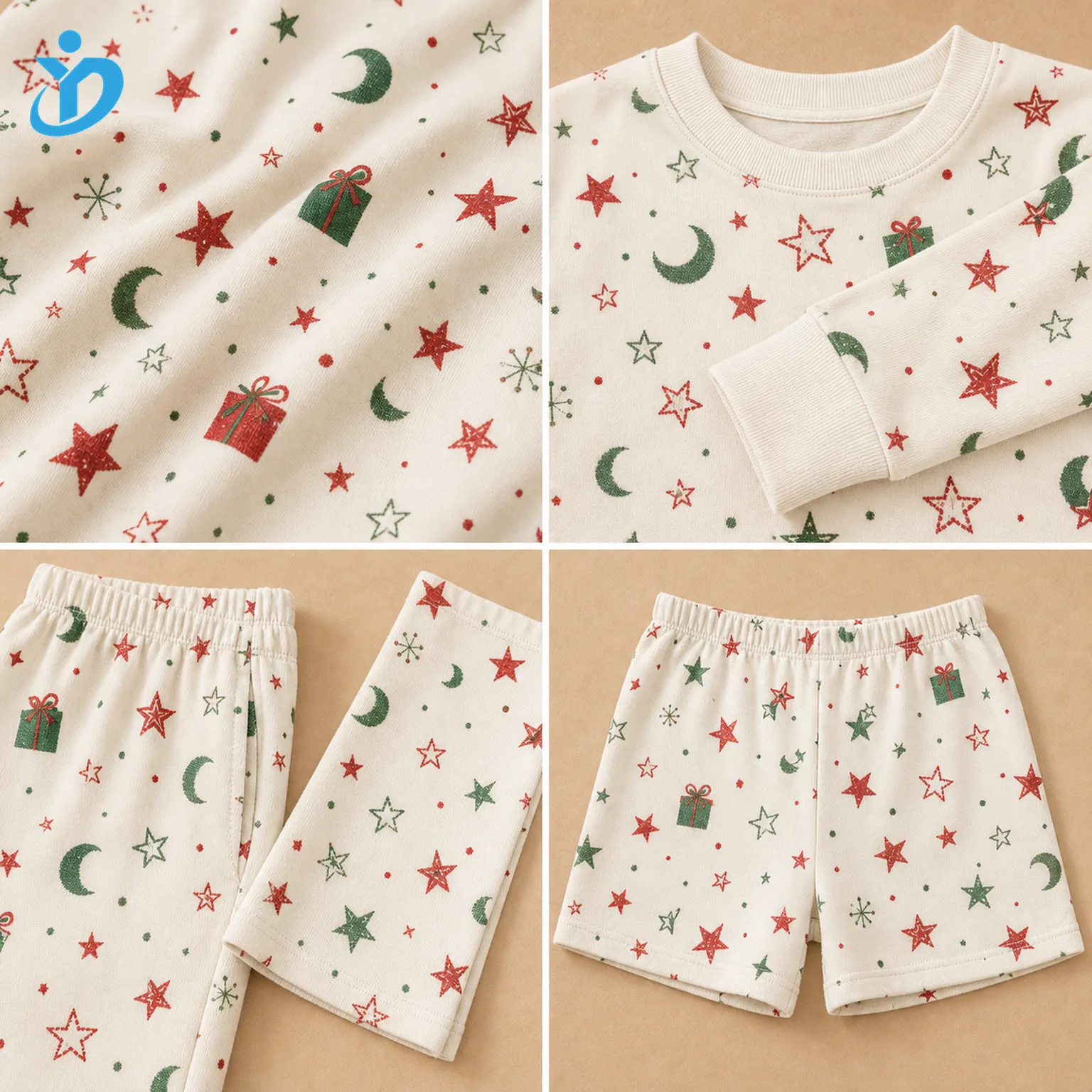 Detail grid for custom kids all-over print pajama set showing DTG all-over print, ribbed neckline, sleeve cuff, elastic waistband, long pants and shorts option with Dongguan Yidi Clothing Co Ltd transparent logo.