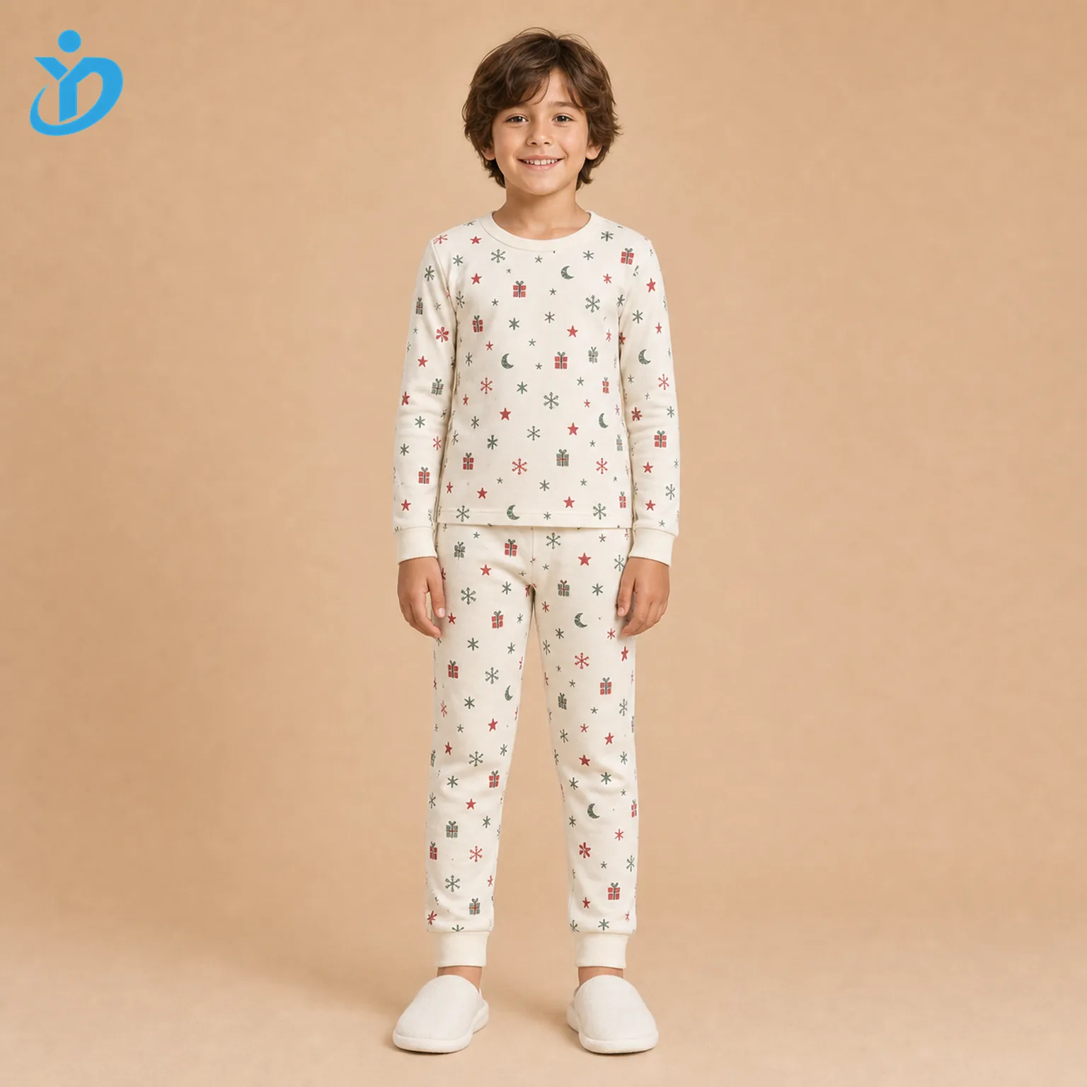 Custom kids all-over print pajama set front view with cream cotton jersey, DTG holiday print, long sleeve top, full-length pants and Dongguan Yidi Clothing Co Ltd transparent logo.