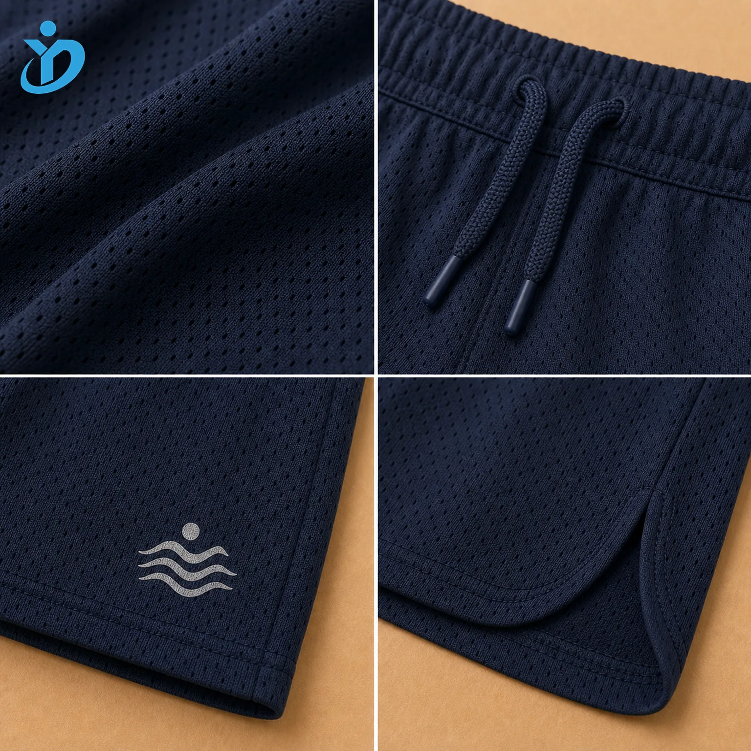 Detail grid for custom kids athletic shorts showing recycled polyester mesh fabric, elastic waistband, heat transfer logo, side vent and Dongguan Yidi Clothing Co Ltd transparent logo