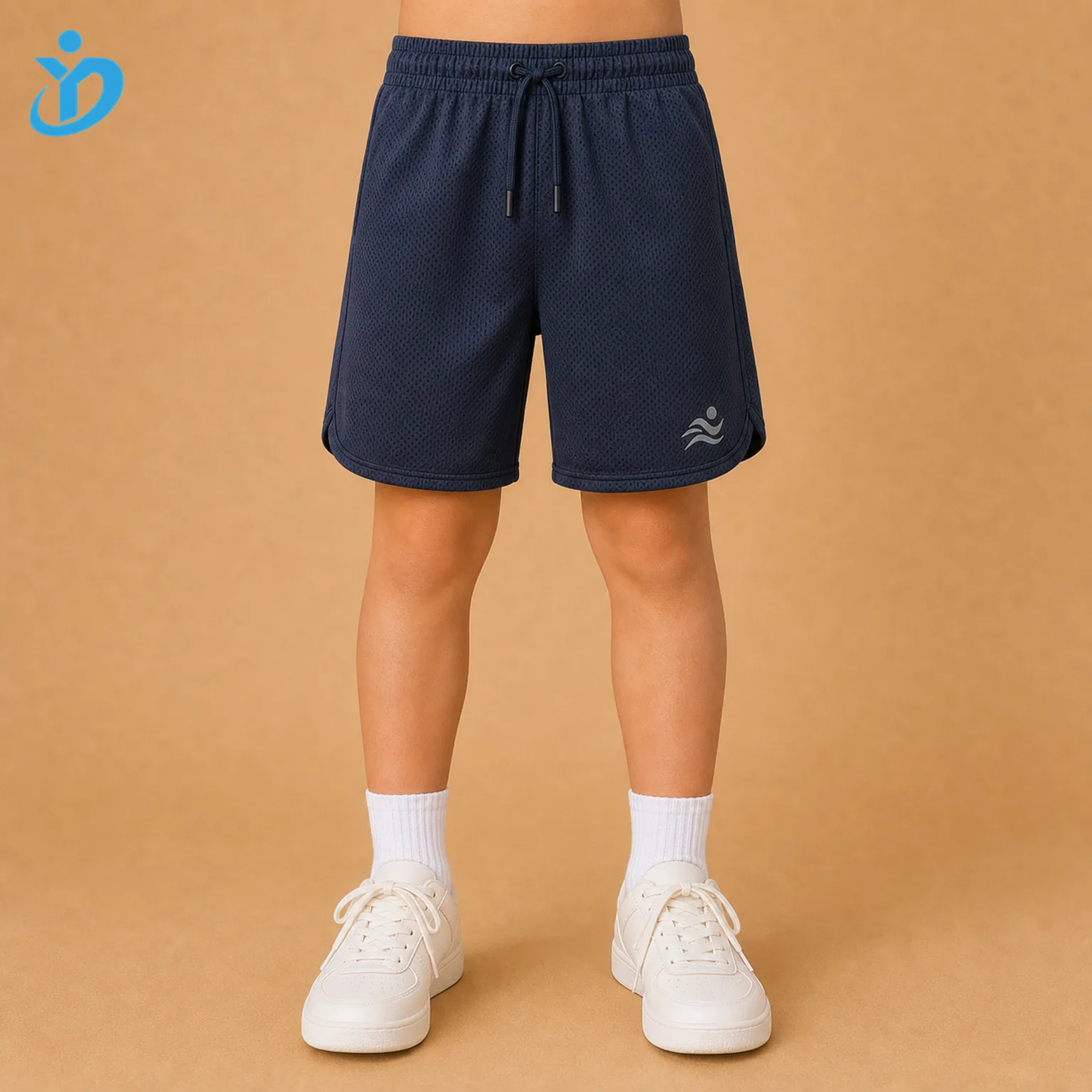 Lower body front view of custom kids athletic shorts with navy recycled polyester mesh fabric, moisture wicking construction, heat transfer detail and Dongguan Yidi Clothing Co Ltd transparent logo