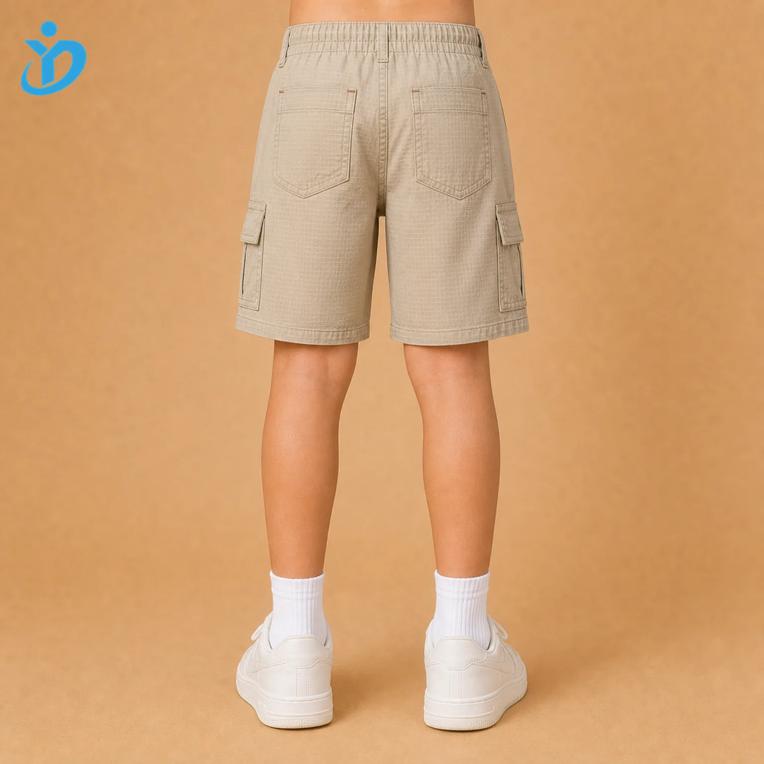 Lower body back view of custom kids cargo shorts with back pockets, side cargo pockets, durable cotton twill and Dongguan Yidi Clothing Co Ltd transparent logo